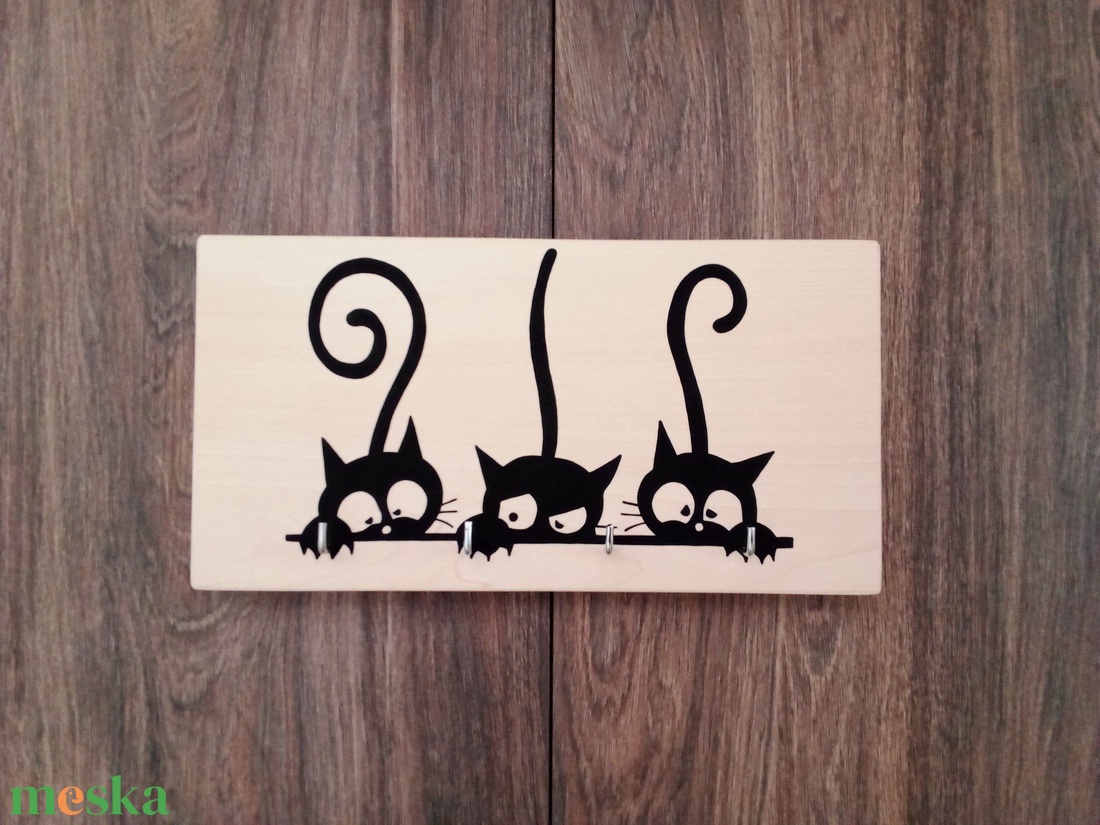 Fali kulcstartó, fali kulcsakasztó, kép, dekoráció - három macska . - otthon & életmód - dekoráció - fali és függő dekoráció - fali kulcstartó - Meska.hu