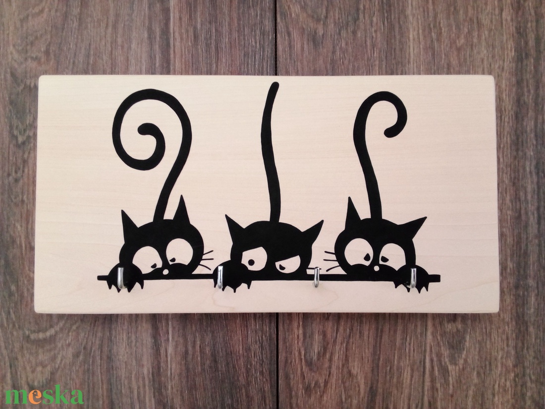 Fali kulcstartó, fali kulcsakasztó, kép, dekoráció - három macska . - otthon & életmód - dekoráció - fali és függő dekoráció - fali kulcstartó - Meska.hu