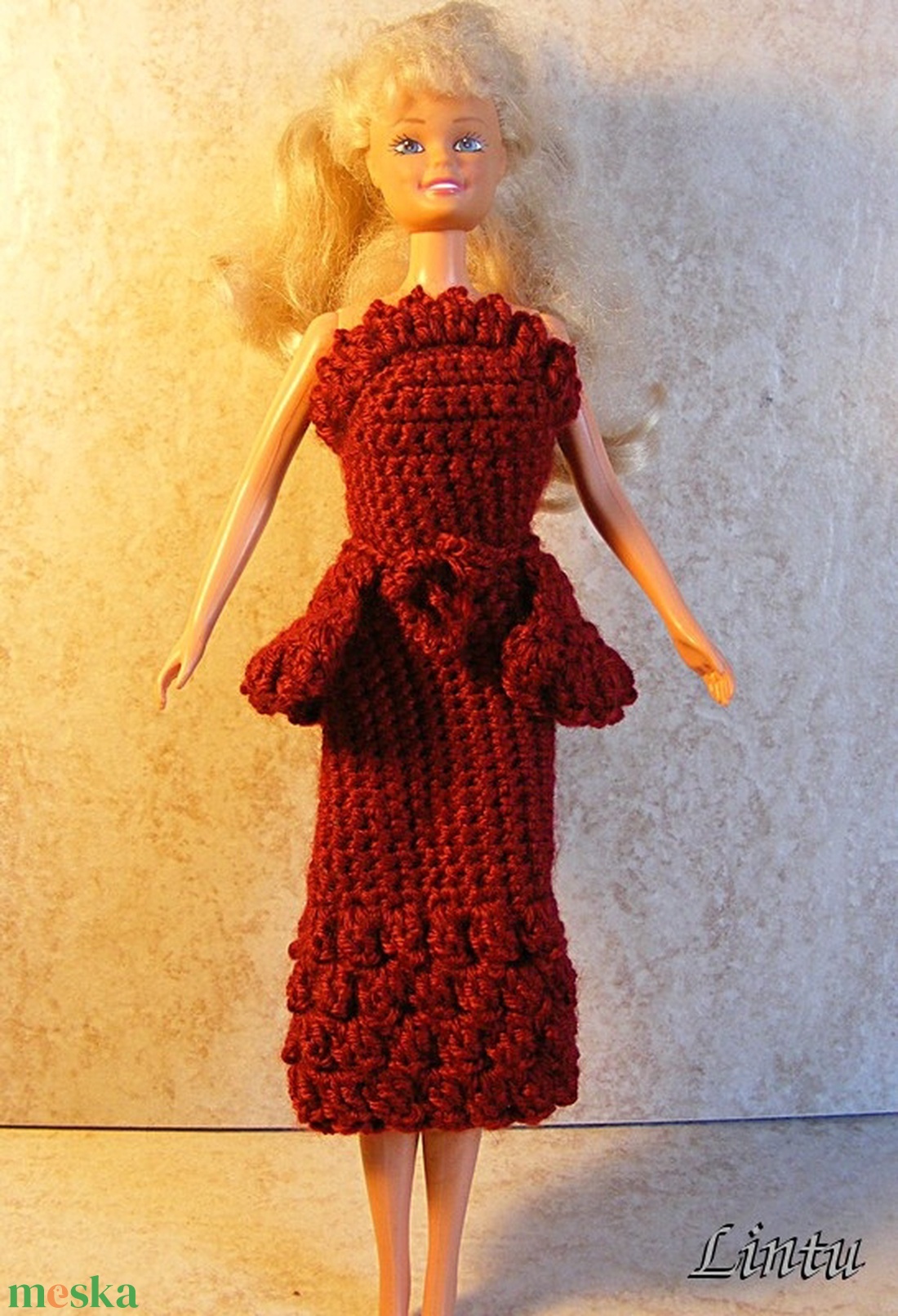 Horgolt bordó Barbie ruha - játék & sport - baba & babaház - barbie ruhák - Meska.hu