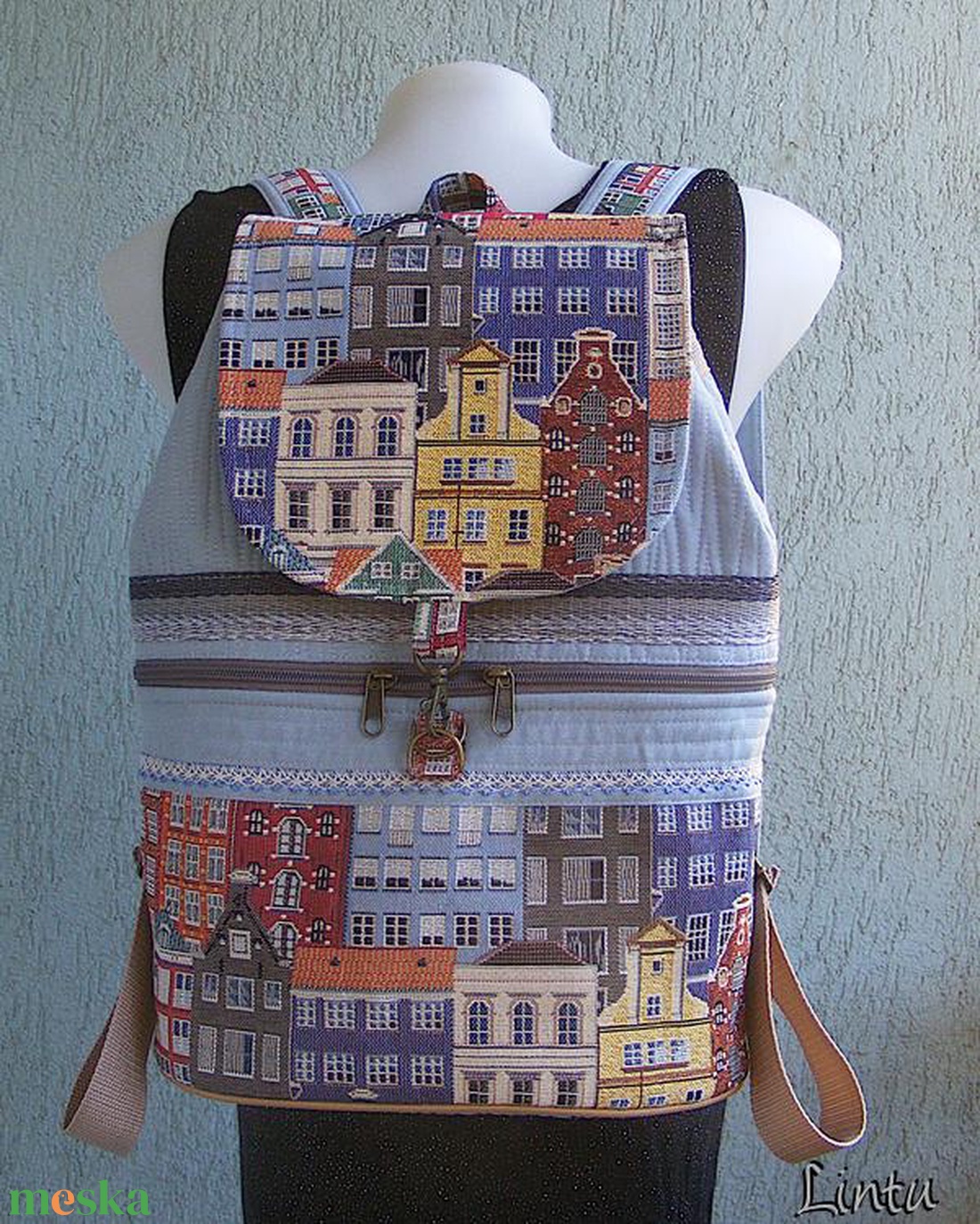 Színes város textil hátizsák gobelin jellegű vászonból - táska & tok - hátizsák - hátizsák - Meska.hu