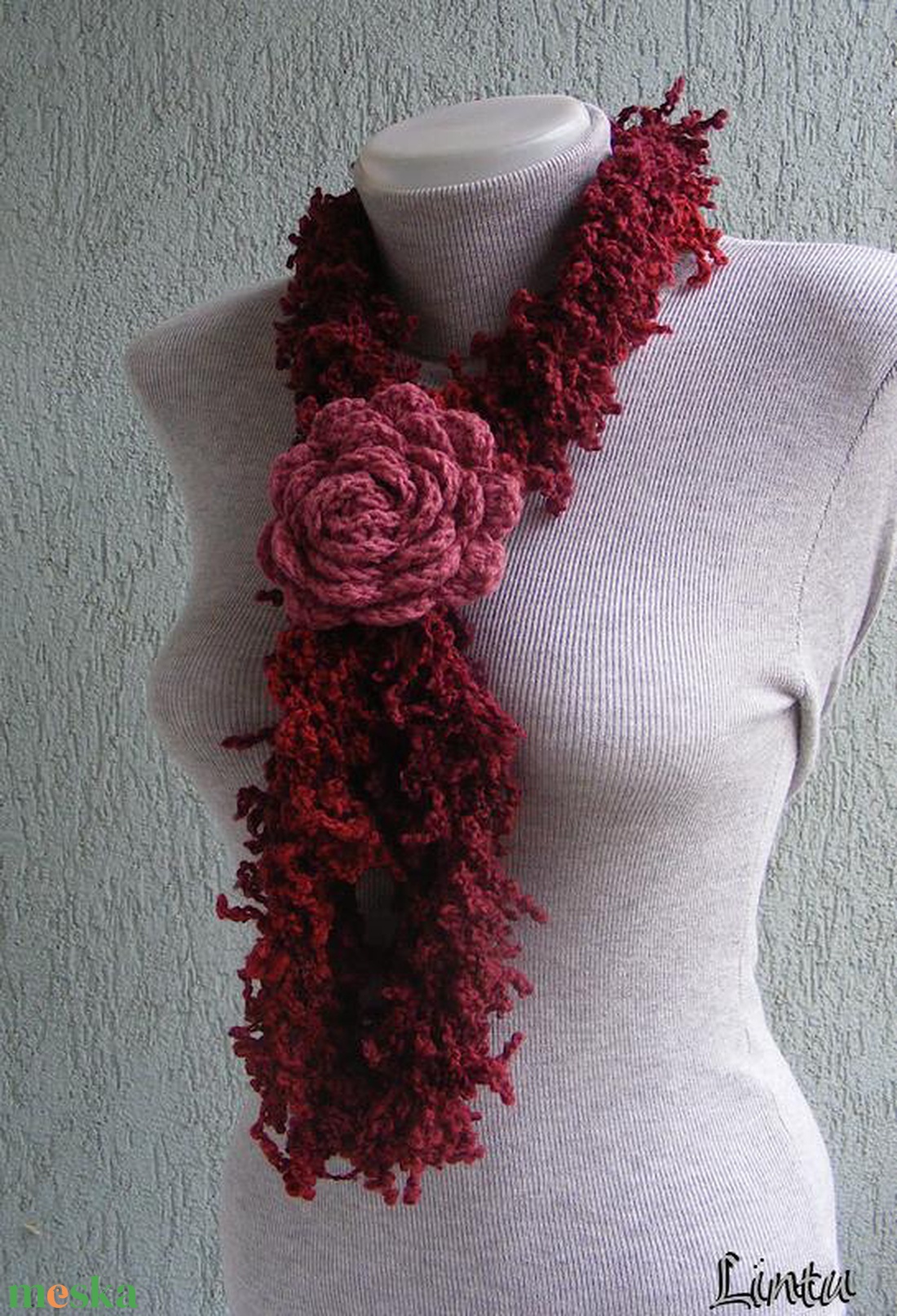 Téli horgolt nyaklánc bordó-piros színekben - ruha & divat - sál, sapka, kendő - sál - Meska.hu