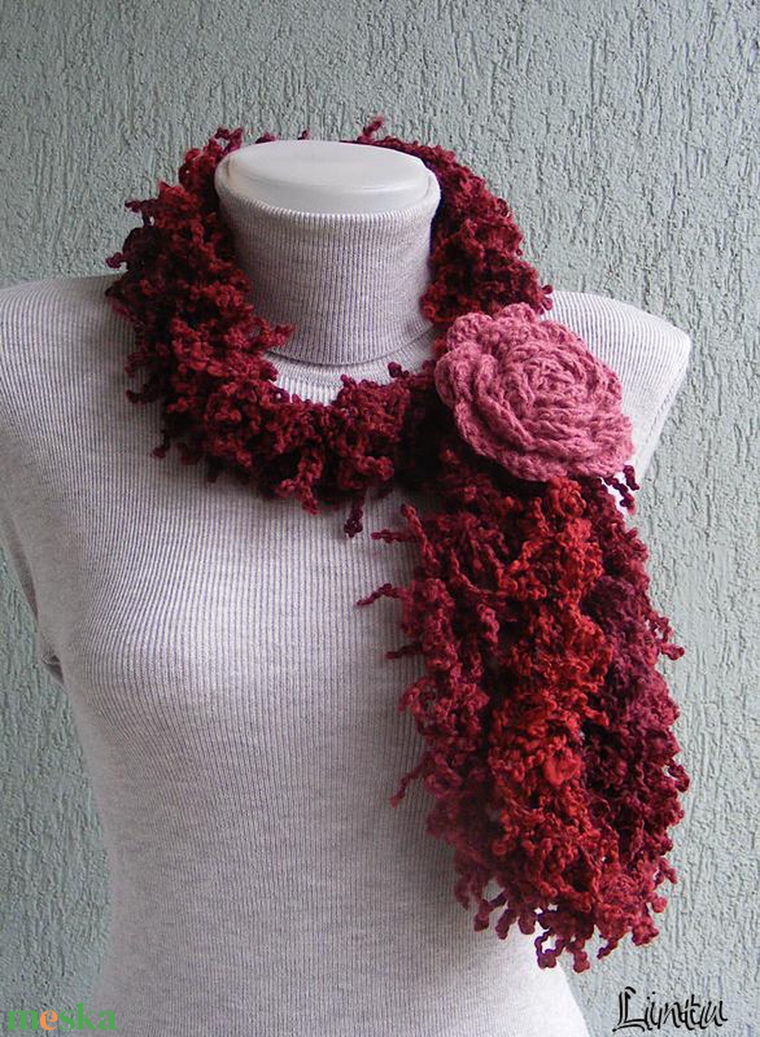 Téli horgolt nyaklánc bordó-piros színekben - ruha & divat - sál, sapka, kendő - sál - Meska.hu