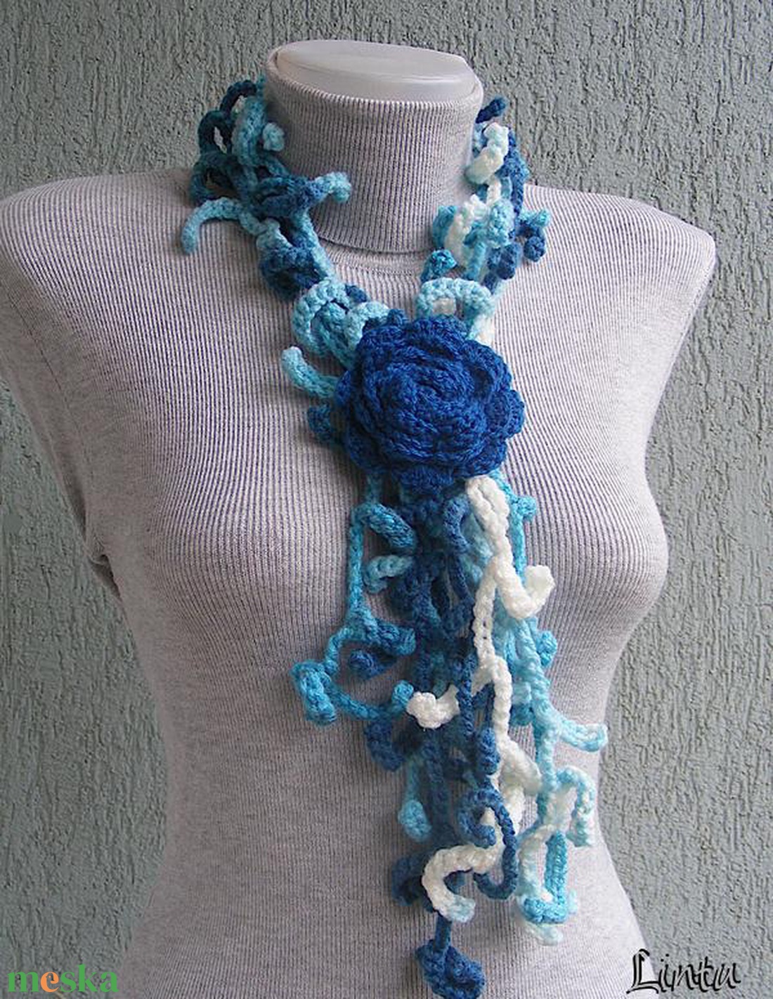 Téli horgolt nyaklánc türkíz színekben - ékszer - nyaklánc - nyakpánt, gallér - Meska.hu