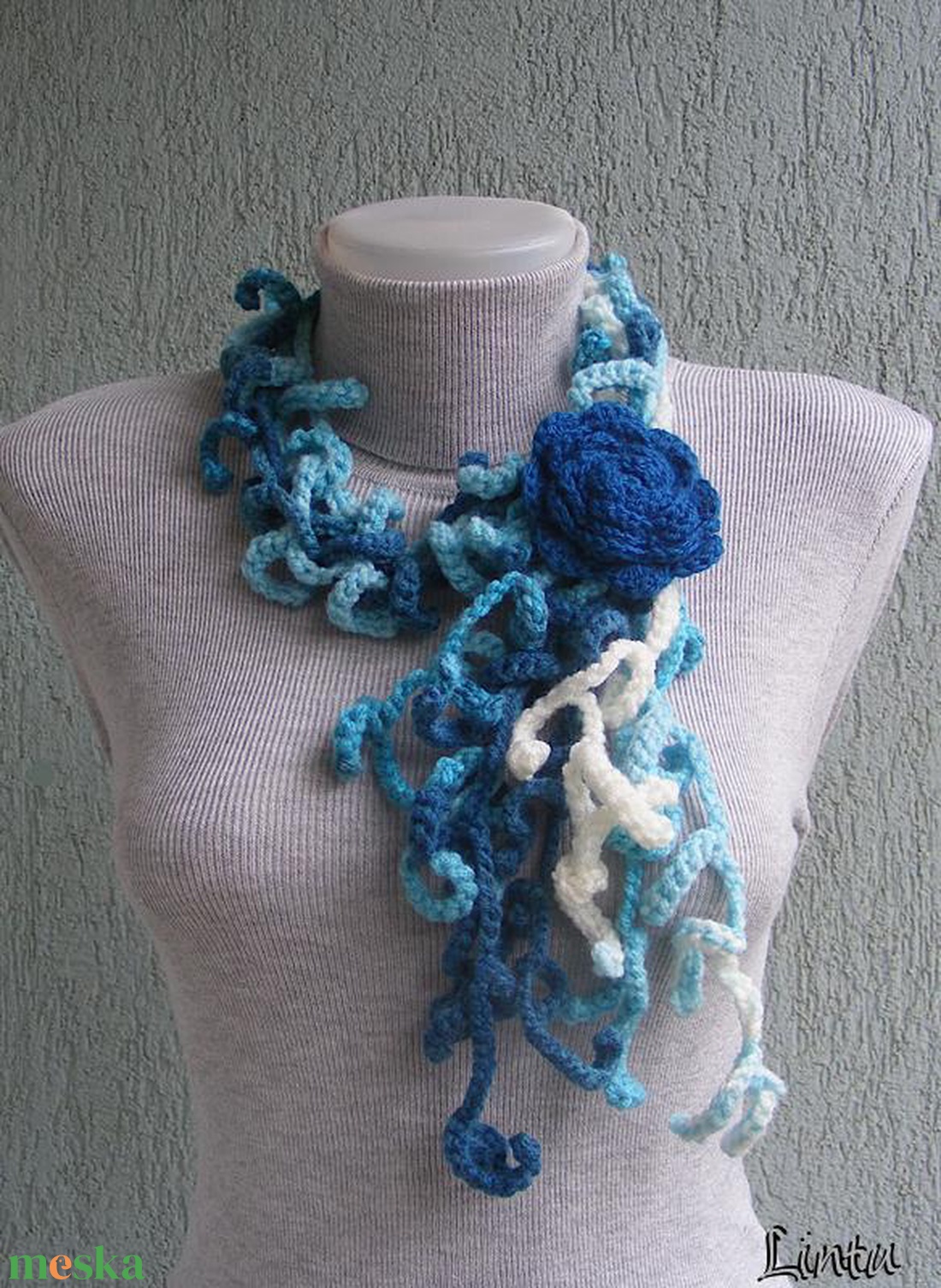 Téli horgolt nyaklánc türkíz színekben - ékszer - nyaklánc - nyakpánt, gallér - Meska.hu