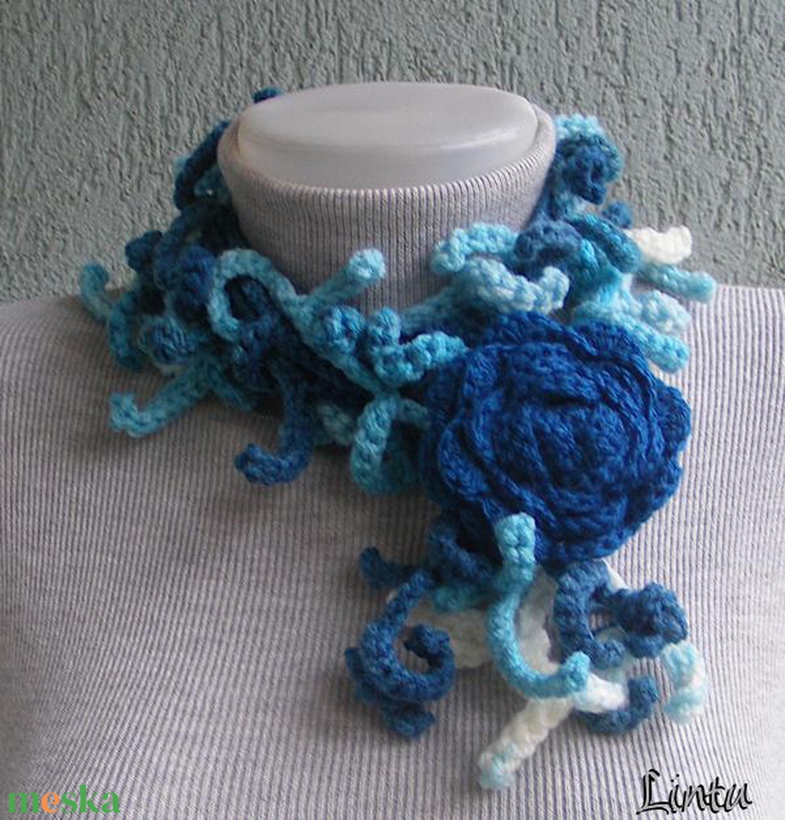 Téli horgolt nyaklánc türkíz színekben - ékszer - nyaklánc - nyakpánt, gallér - Meska.hu