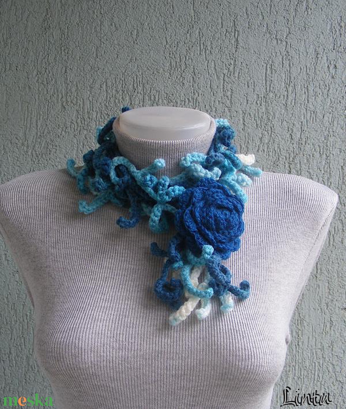 Téli horgolt nyaklánc türkíz színekben - ékszer - nyaklánc - nyakpánt, gallér - Meska.hu