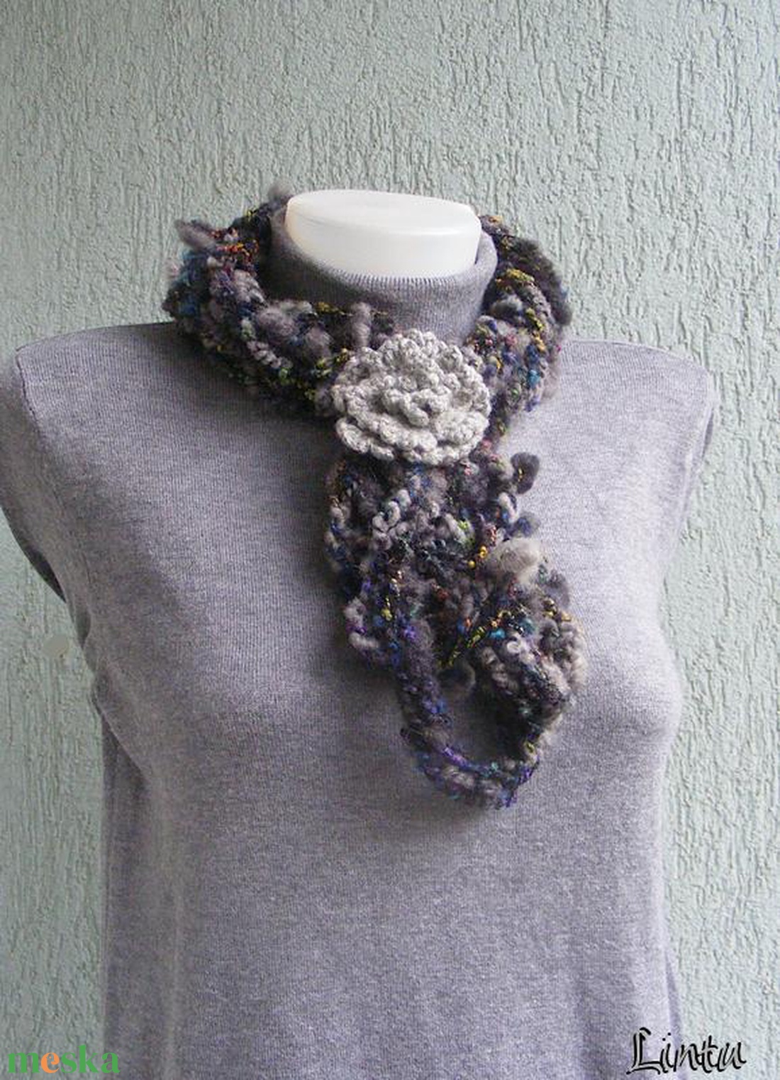 Téli horgolt nyaklánc szürke színekben - ékszer - nyaklánc - nyakpánt, gallér - Meska.hu