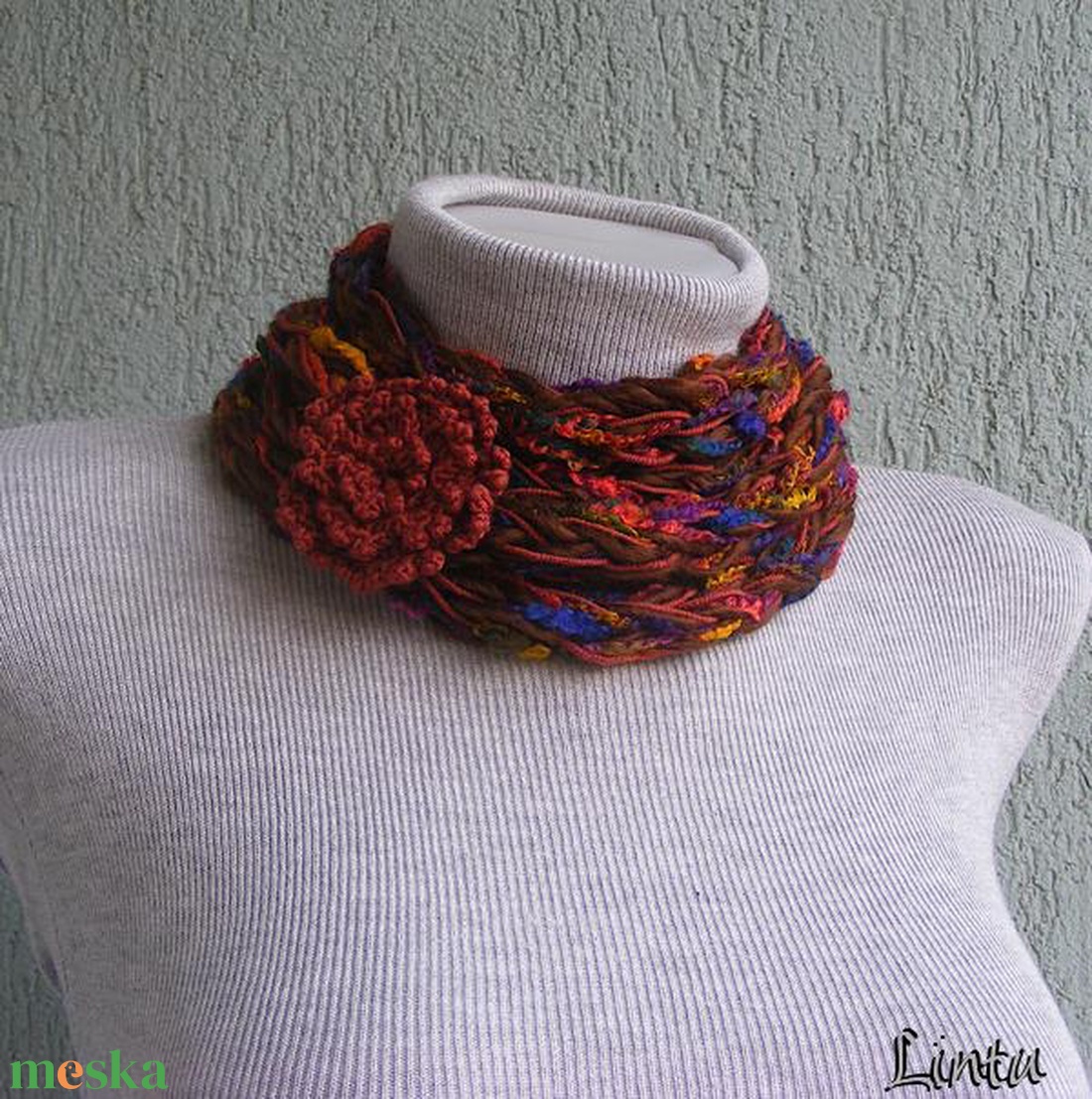 Téli horgolt nyaklánc barna-kék színekben - ruha & divat - sál, sapka, kendő - sál - Meska.hu
