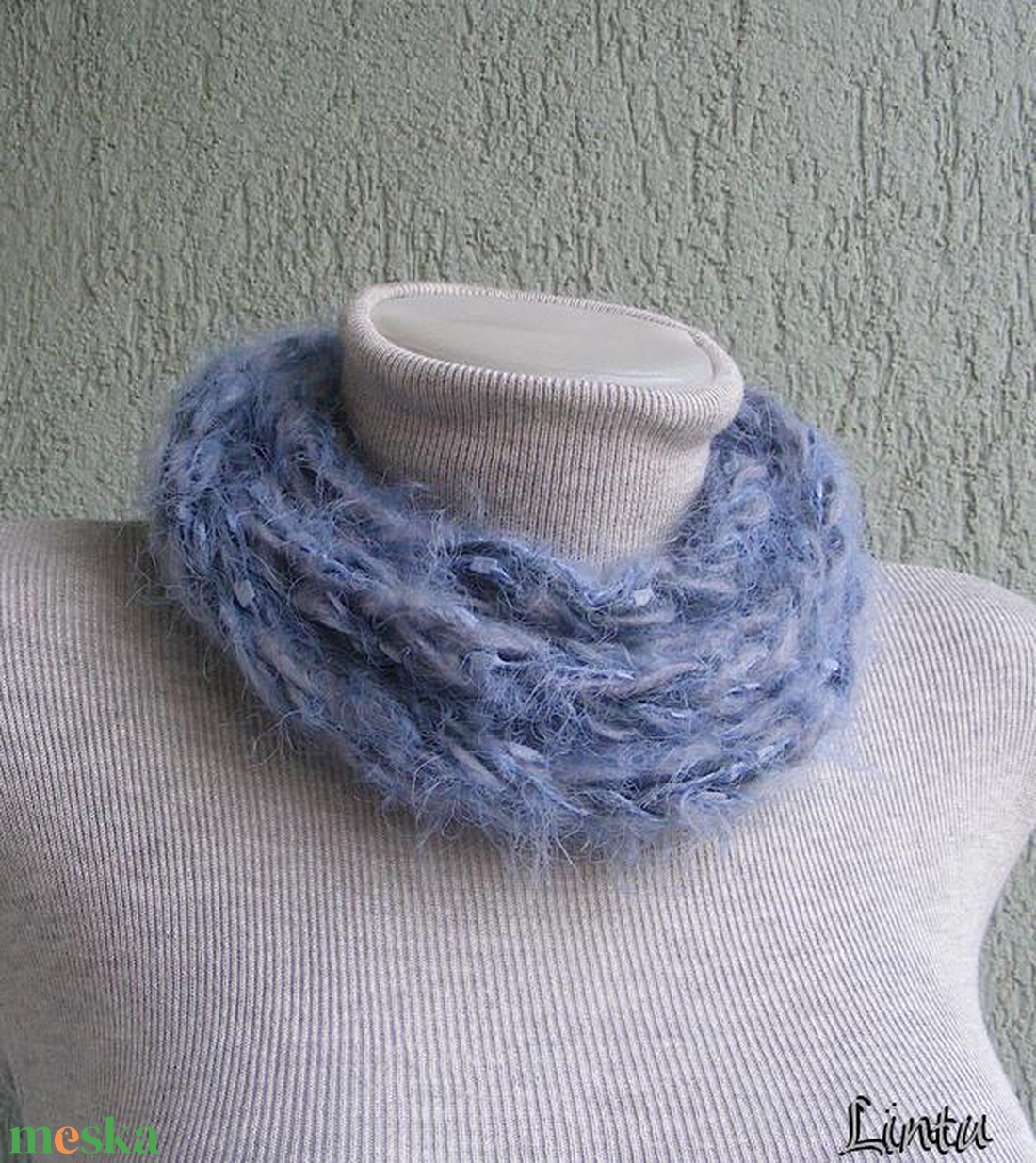 Téli horgolt nyaklánc szürke-kék színekben - ruha & divat - sál, sapka, kendő - sál - Meska.hu