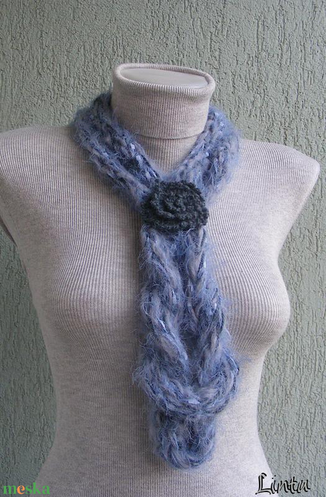 Téli horgolt nyaklánc szürke-kék színekben - ruha & divat - sál, sapka, kendő - sál - Meska.hu