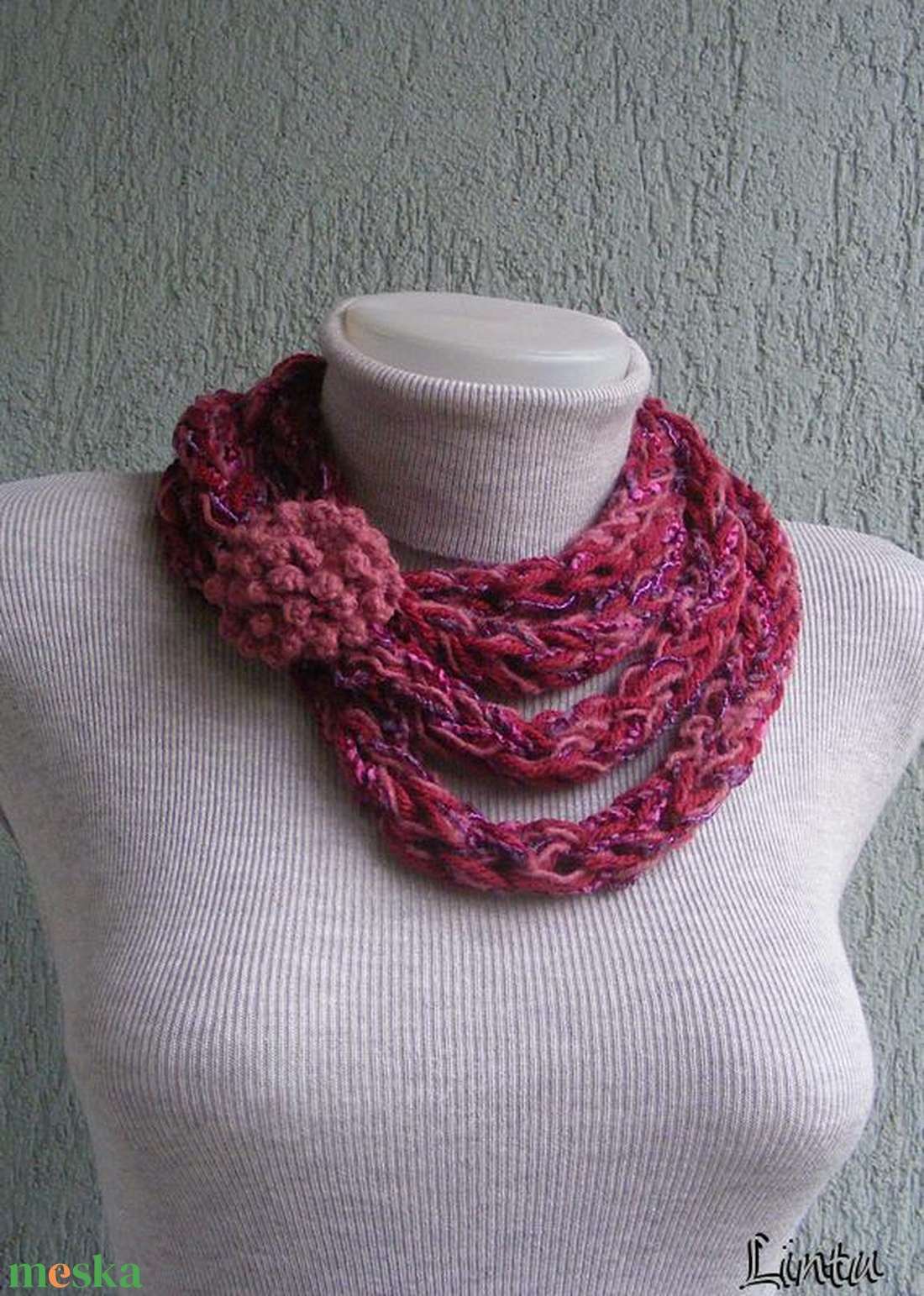 Téli horgolt nyaklánc bordó-rózsaszín színekben - ruha & divat - sál, sapka, kendő - sál - Meska.hu
