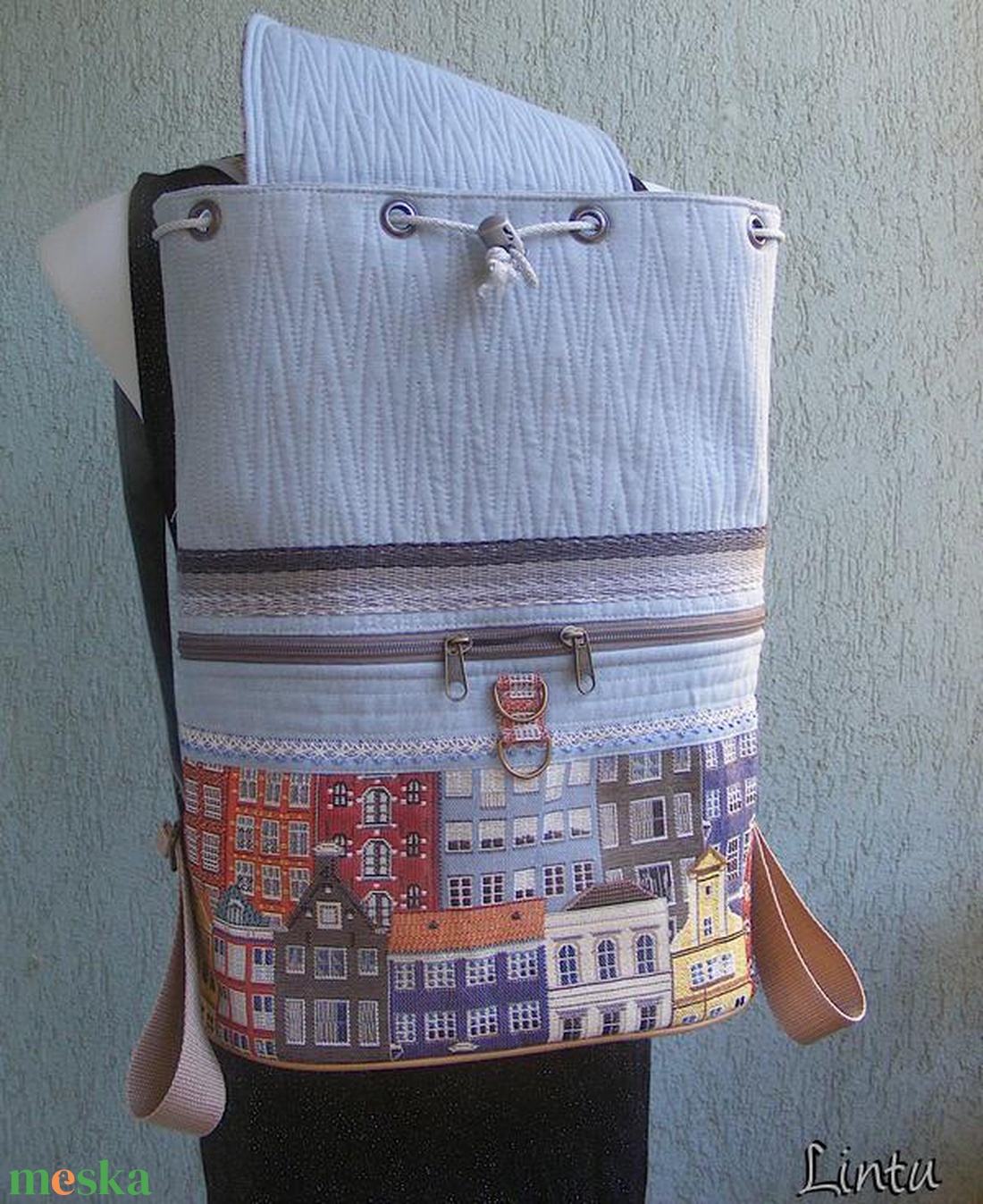 Színes város textil hátizsák gobelin jellegű vászonból - táska & tok - hátizsák - hátizsák - Meska.hu