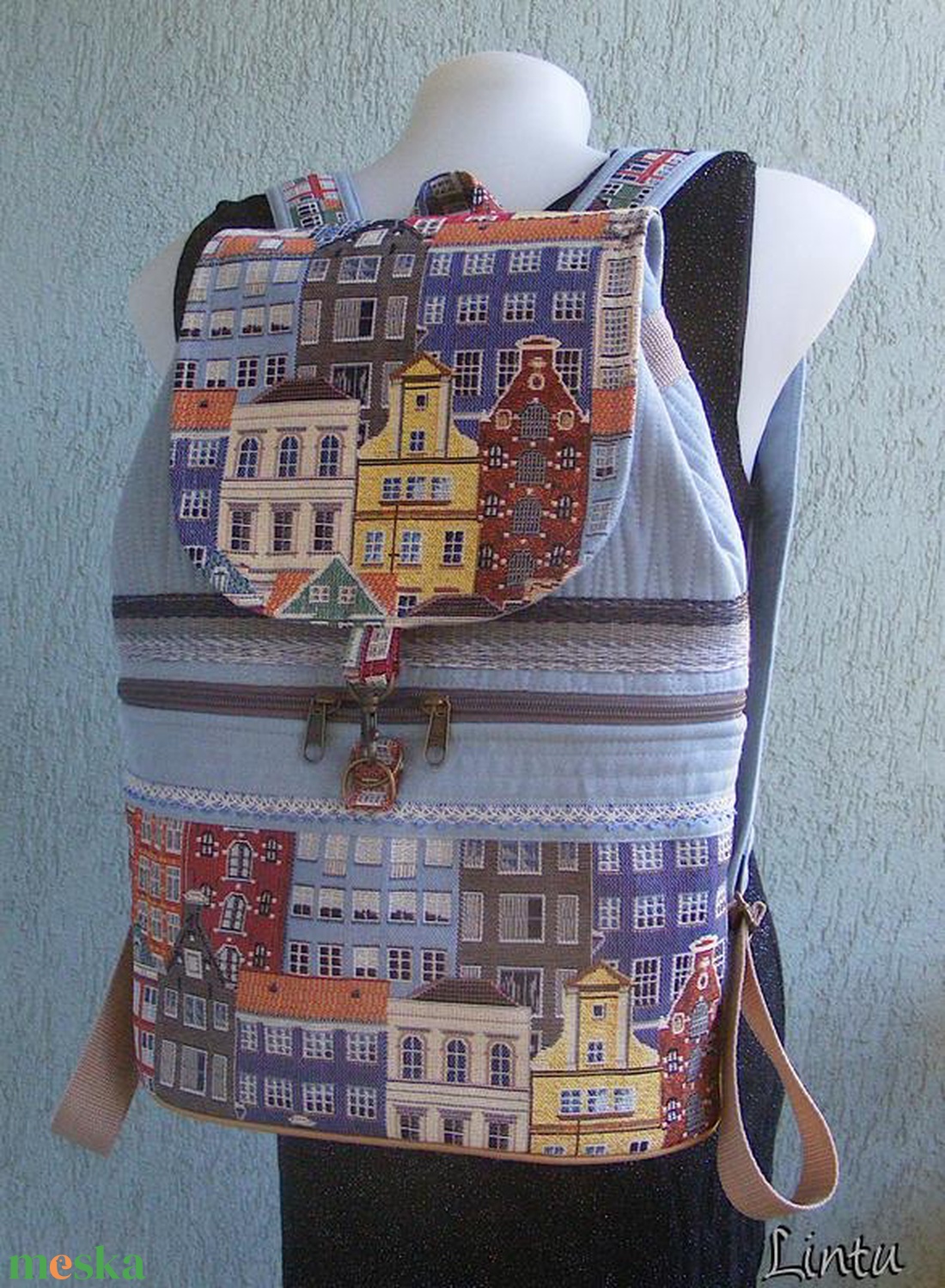 Színes város textil hátizsák gobelin jellegű vászonból - táska & tok - hátizsák - hátizsák - Meska.hu