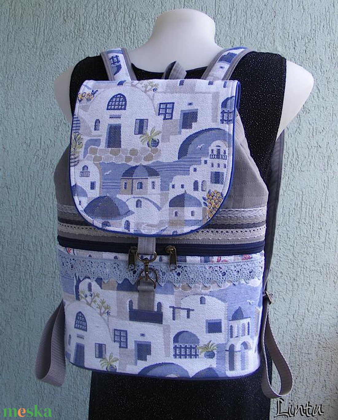 Santorini textil hátizsák gobelin jellegű vászonból - táska & tok - hátizsák - hátizsák - Meska.hu