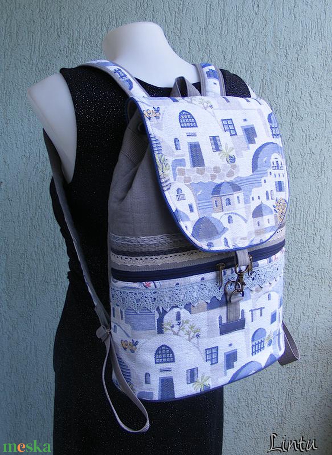 Santorini textil hátizsák gobelin jellegű vászonból - táska & tok - hátizsák - hátizsák - Meska.hu