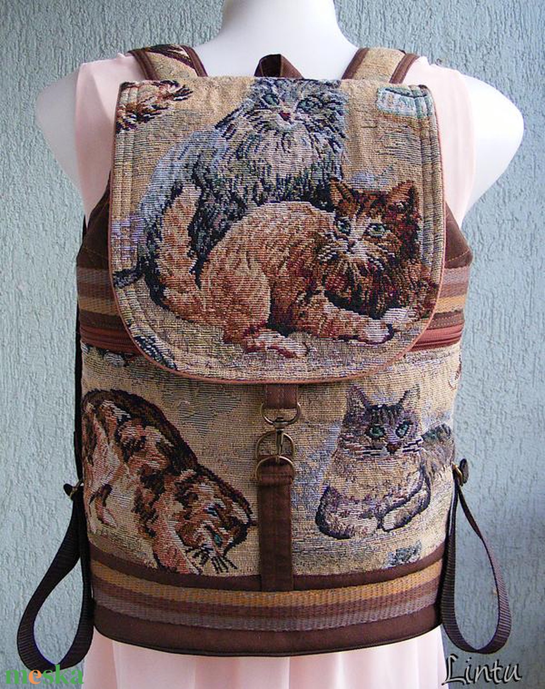 Macska textil hátizsák gobelin jellegű vászonból - táska & tok - hátizsák - hátizsák - Meska.hu