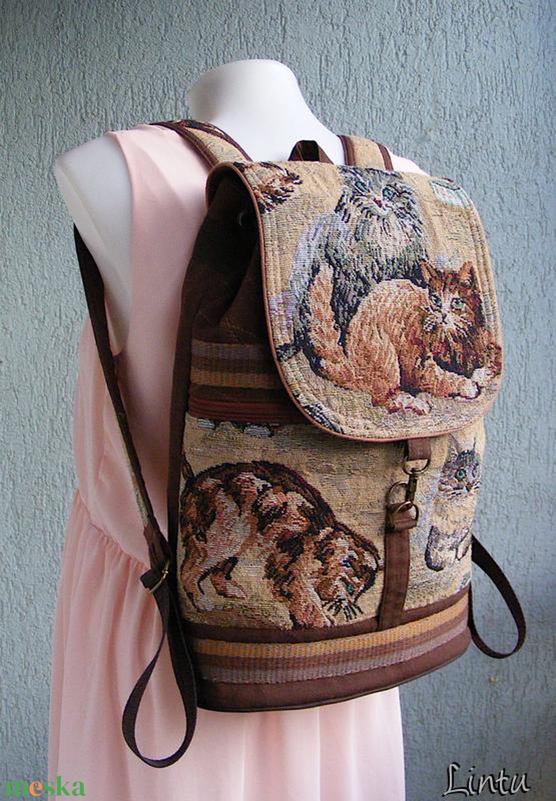 Macska textil hátizsák gobelin jellegű vászonból - táska & tok - hátizsák - hátizsák - Meska.hu