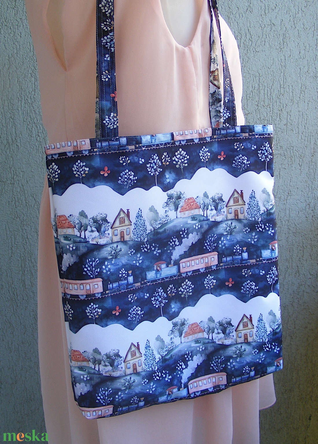 Vonatok, házikók vízhatlan szatyor, bevásárló táska  - táska & tok - bevásárlás & shopper táska - shopper, textiltáska, szatyor - Meska.hu