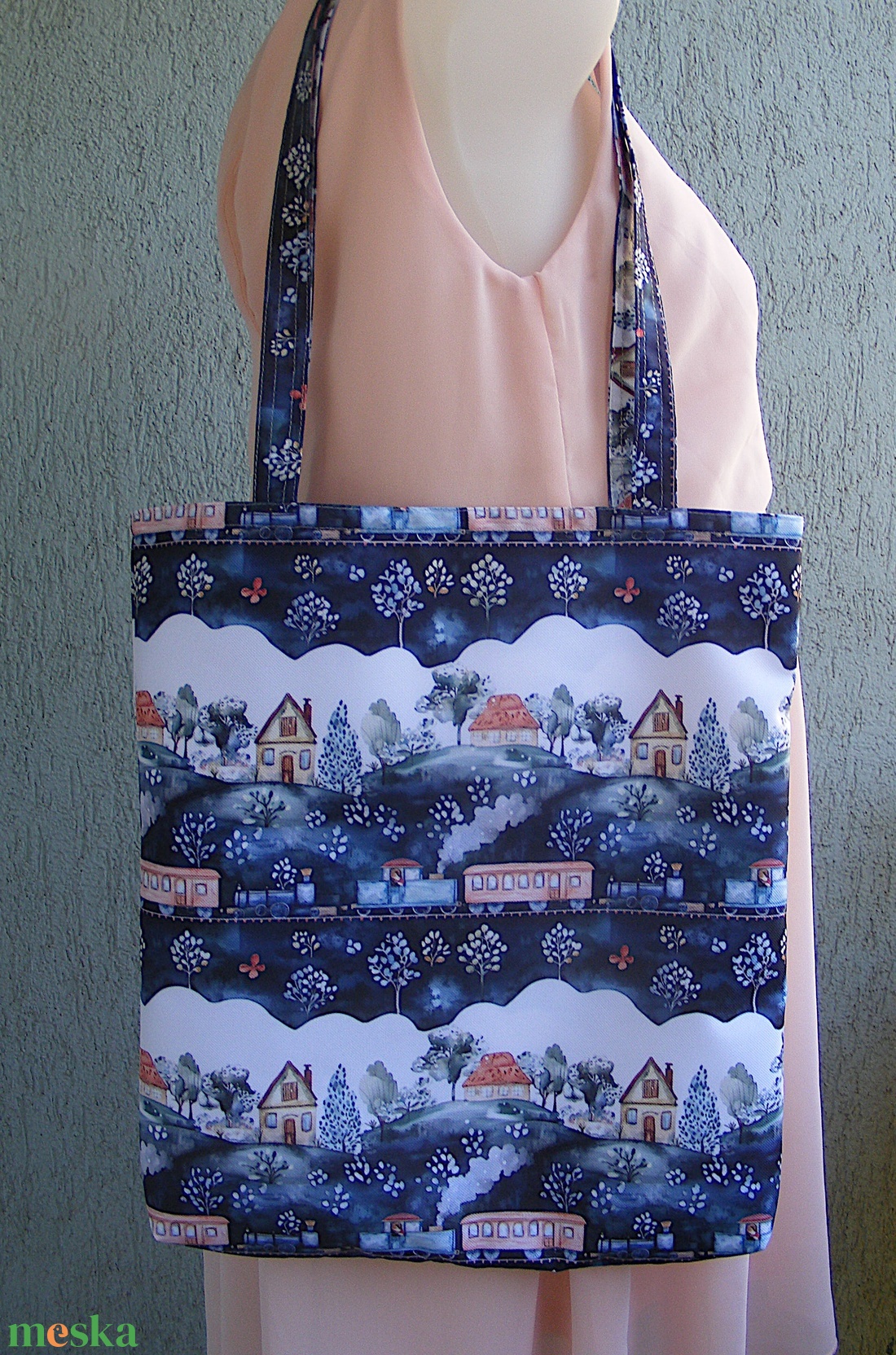 Vonatok, házikók vízhatlan szatyor, bevásárló táska  - táska & tok - bevásárlás & shopper táska - shopper, textiltáska, szatyor - Meska.hu