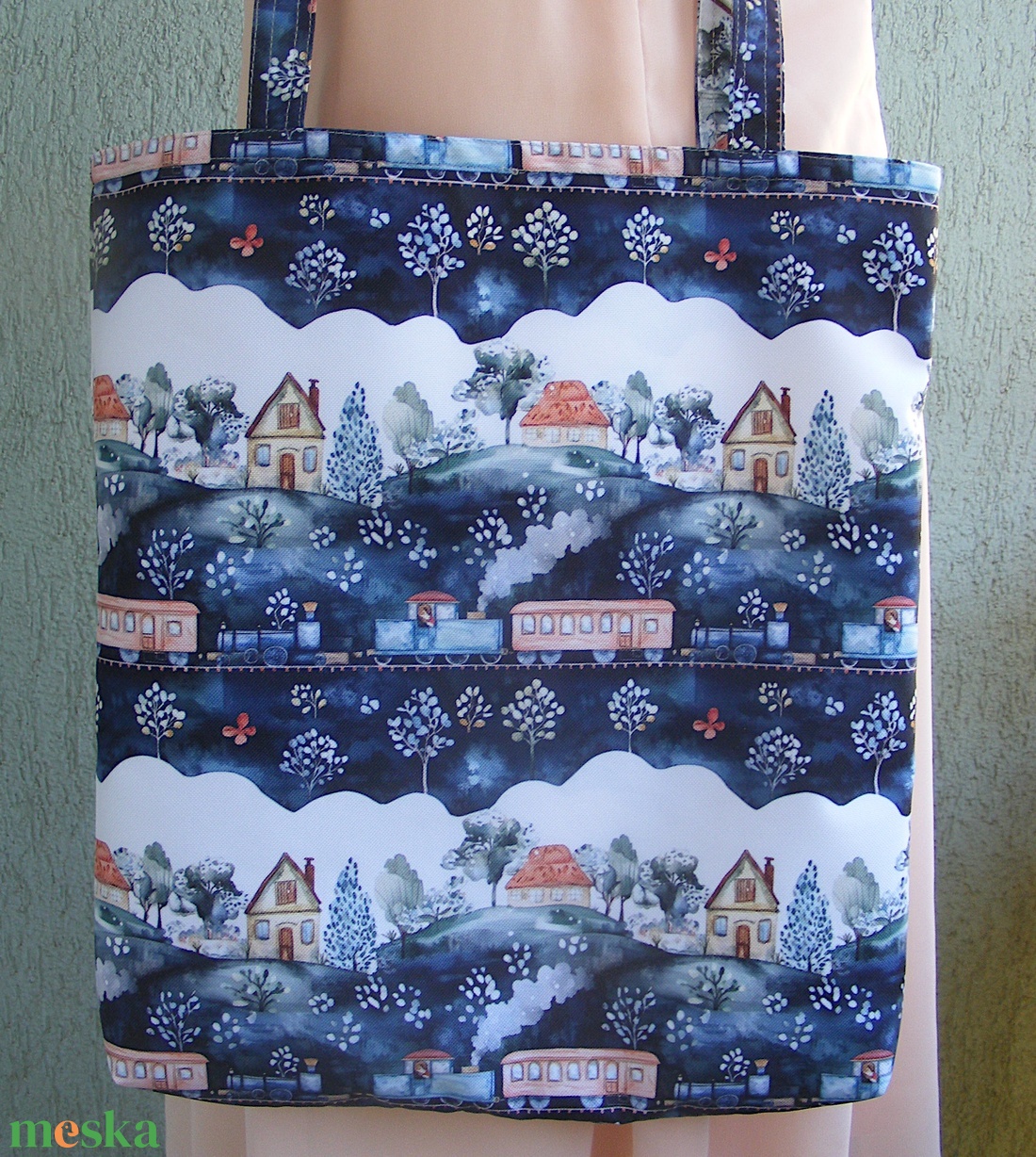 Vonatok, házikók vízhatlan szatyor, bevásárló táska  - táska & tok - bevásárlás & shopper táska - shopper, textiltáska, szatyor - Meska.hu