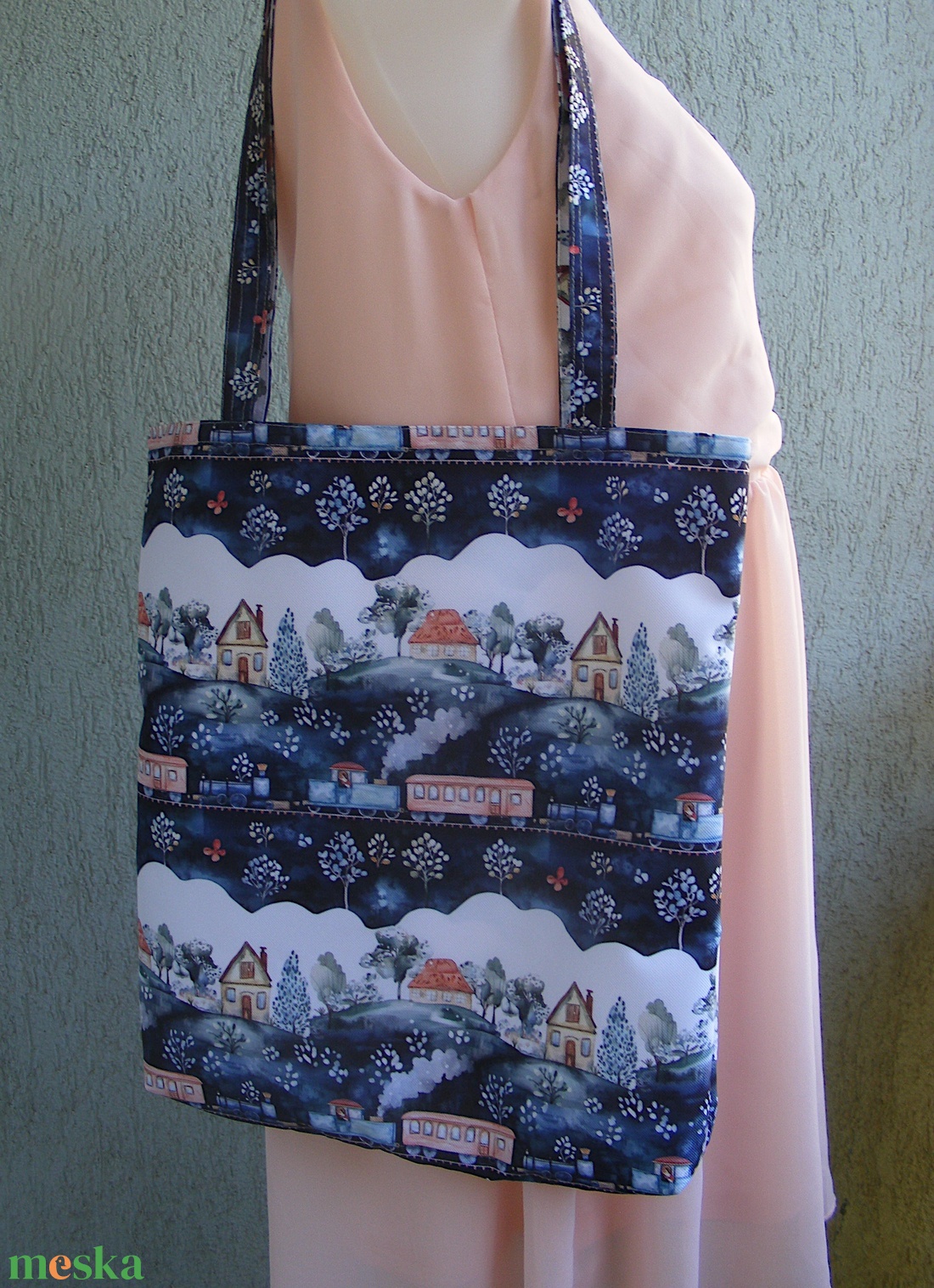 Vonatok, házikók vízhatlan szatyor, bevásárló táska  - táska & tok - bevásárlás & shopper táska - shopper, textiltáska, szatyor - Meska.hu