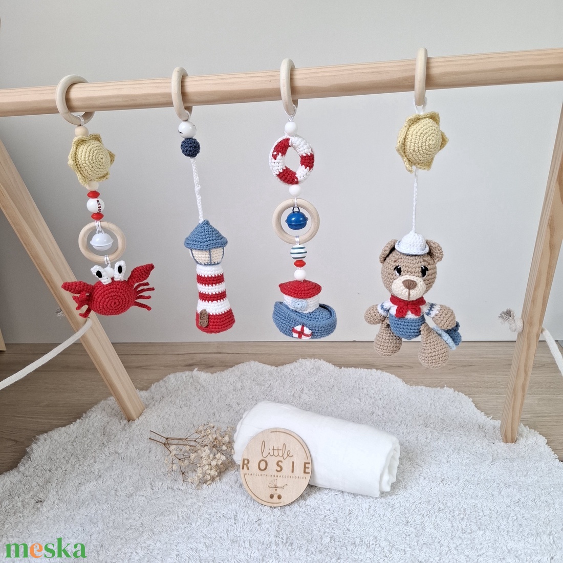 Tengerparti horgolt Baby Gym függő szett  � Kézműves Montessori baba játék � Little Rosie - baba - mama - baba játékok - mozgásfejlesztő játékok - Meska.hu