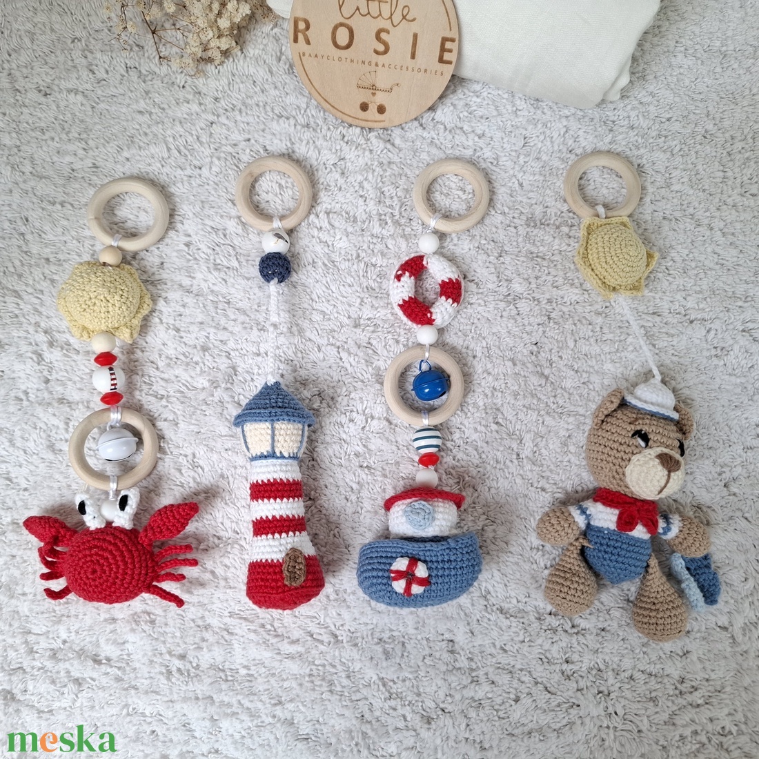 Tengerparti horgolt Baby Gym függő szett  � Kézműves Montessori baba játék � Little Rosie - baba - mama - baba játékok - mozgásfejlesztő játékok - Meska.hu