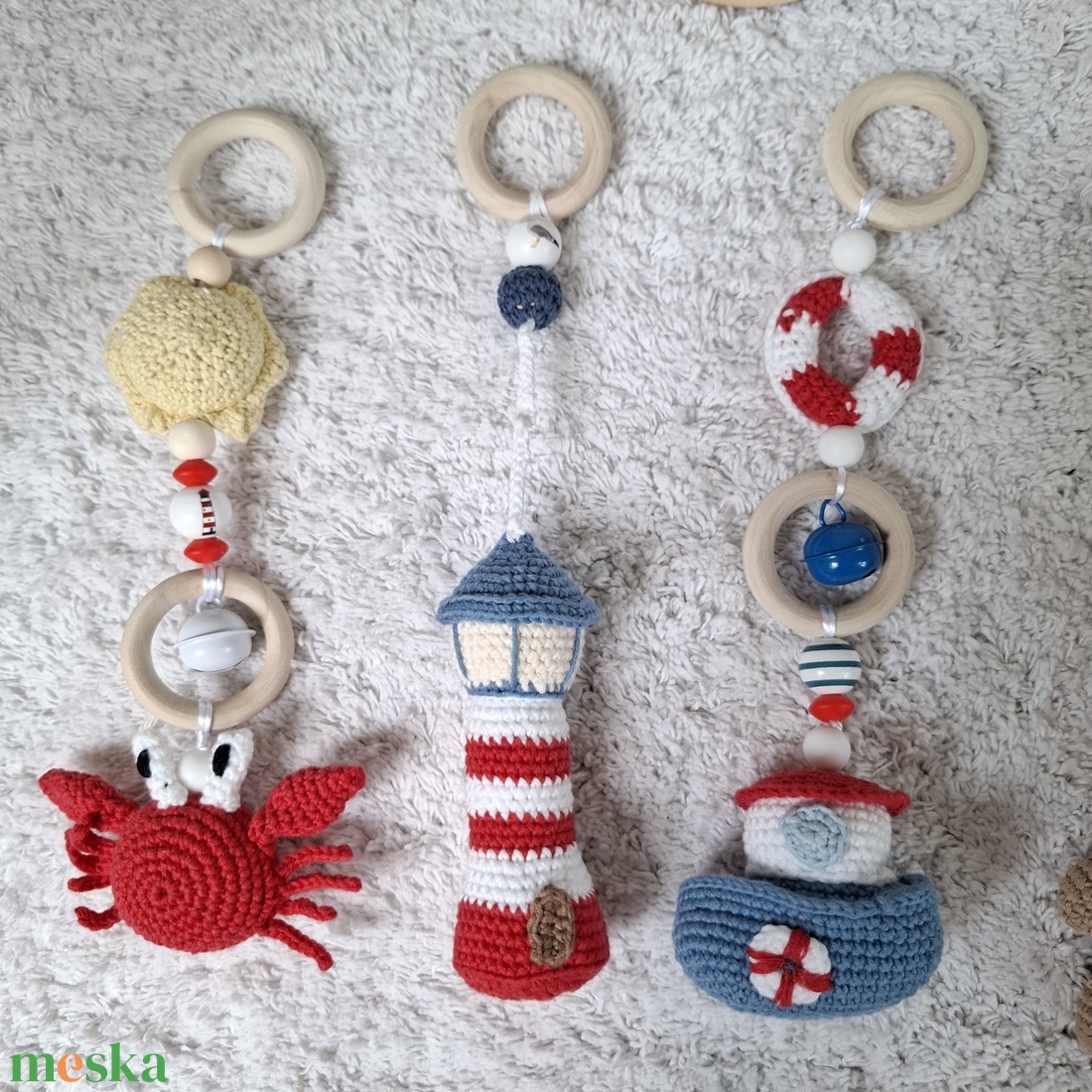 Tengerparti horgolt Baby Gym függő szett  � Kézműves Montessori baba játék � Little Rosie - baba - mama - baba játékok - mozgásfejlesztő játékok - Meska.hu