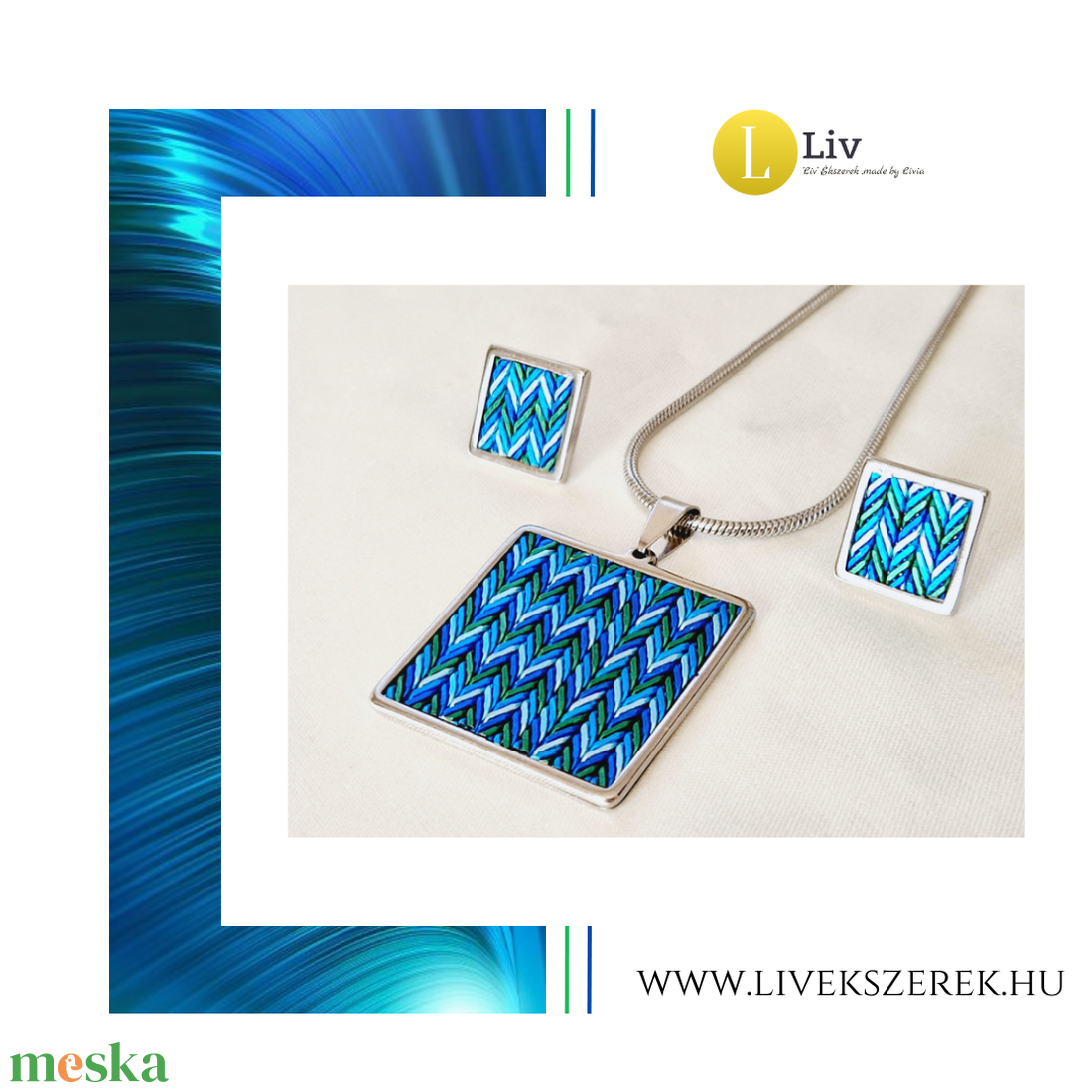 Kék,  zöld mintás, négyzet alakú kézműves medál, nyaklánc, fülbevaló  - ékszer - ékszerszett - Meska.hu