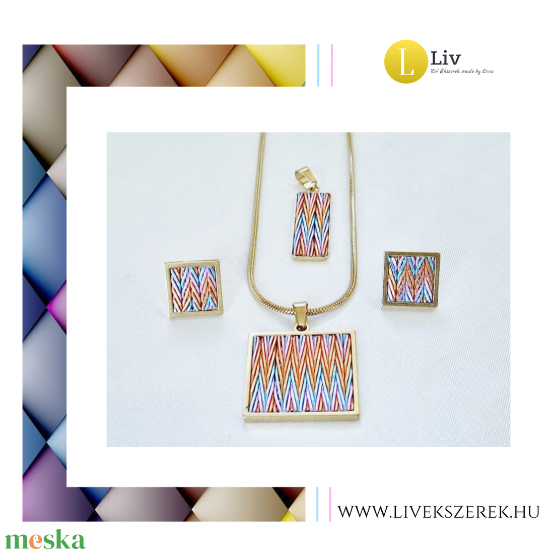 Rosegold,  türkiz,  rózsaszín mintás, négyzet vagy téglalap alakú, kézműves medál, nyaklánc, fülbevaló  - ékszer - fülbevaló - pötty fülbevaló - Meska.hu