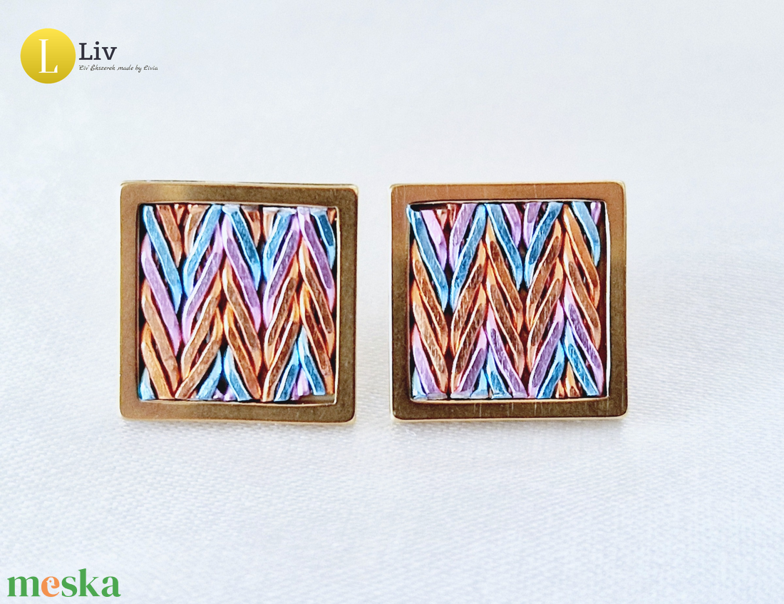 Rosegold,  türkiz,  rózsaszín mintás, négyzet vagy téglalap alakú, kézműves medál, nyaklánc, fülbevaló  - ékszer - fülbevaló - pötty fülbevaló - Meska.hu