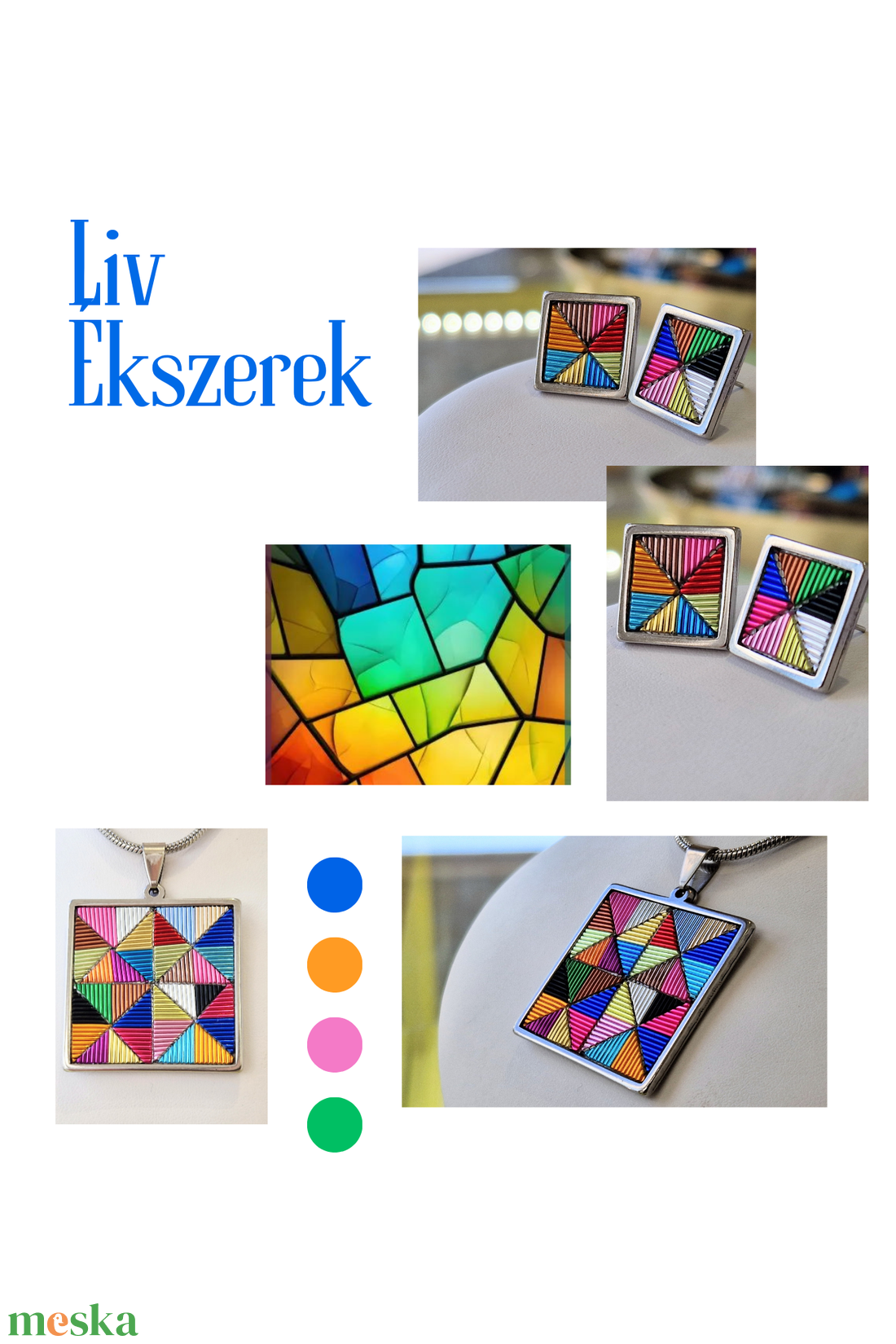 Színes, mozaik mintás, négyzet alakú, kézműves medál, nyaklánc, fülbevaló  - ékszer - ékszerszett - Meska.hu