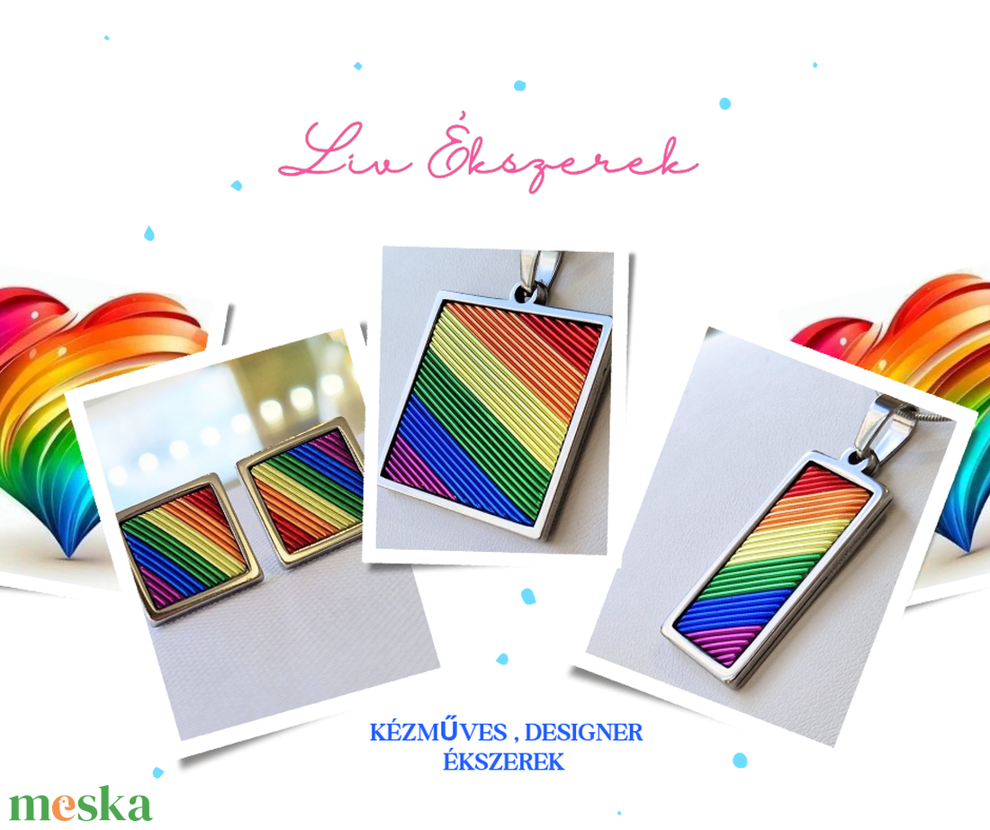 Szivárvány mintás, négyzet alakú, kézműves medál, nyaklánc, fülbevaló  - ékszer - ékszerszett - Meska.hu