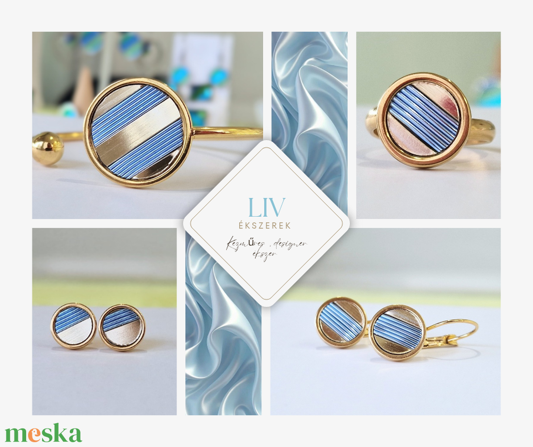 Acélkék, arany, kézműves medál,  fülbevaló, nyaklánc  - ékszer - ékszerszett - Meska.hu