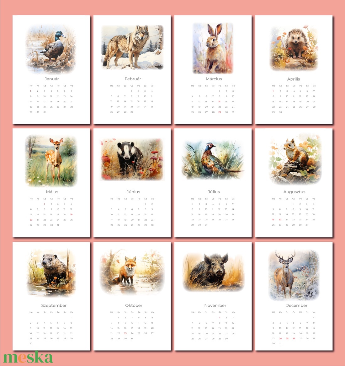2024-es erdei állatos naptár - otthon & életmód - dekoráció - fali és függő dekoráció - falinaptár & öröknaptár - Meska.hu
