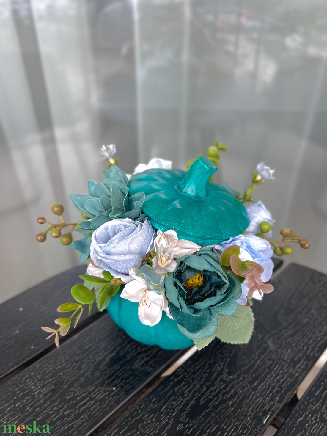 Őszi türkiz tötött tökdísz - otthon & életmód - dekoráció - asztal és polc dekoráció - asztaldísz - Meska.hu