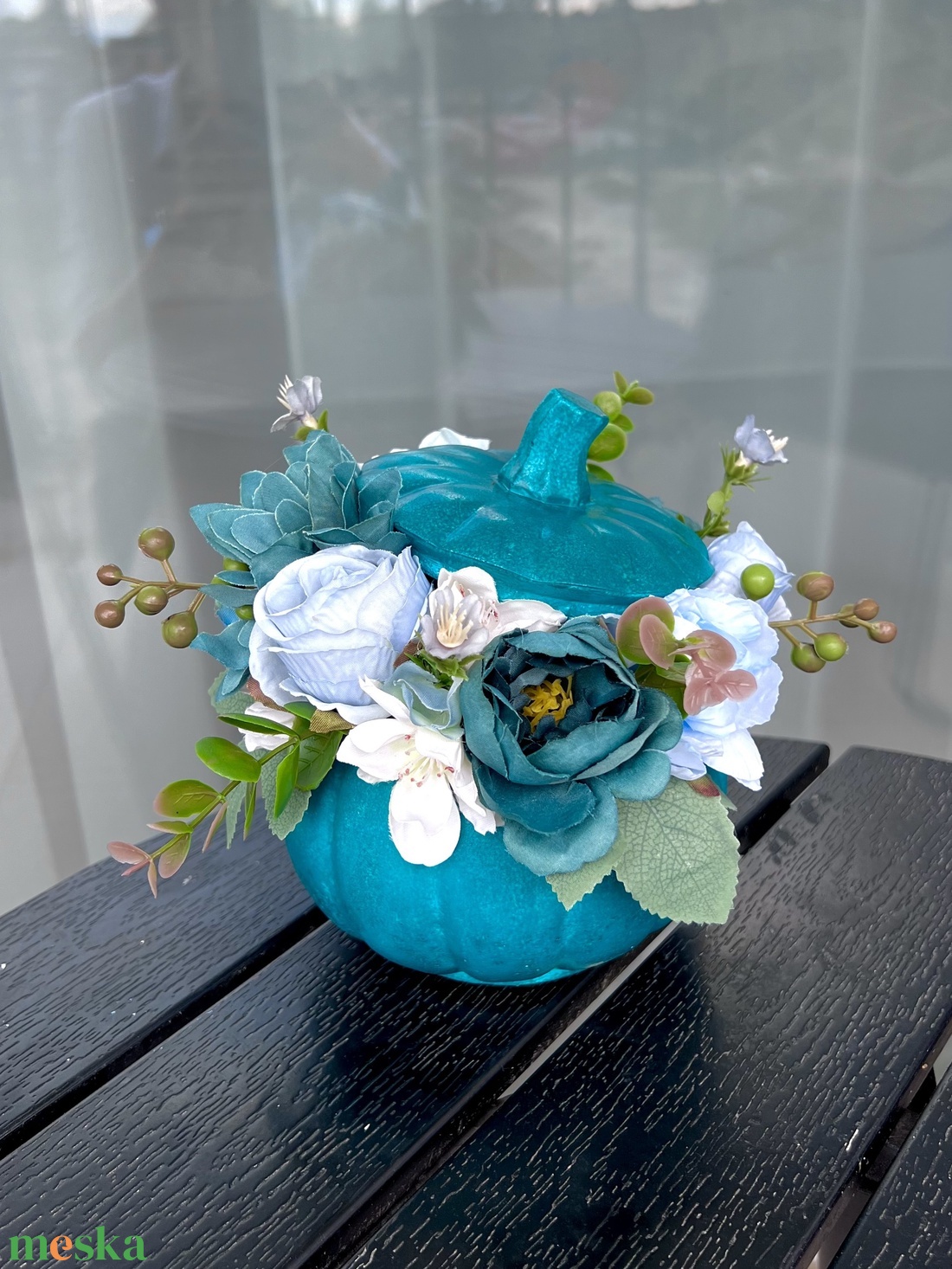 Őszi türkiz tötött tökdísz - otthon & életmód - dekoráció - asztal és polc dekoráció - asztaldísz - Meska.hu