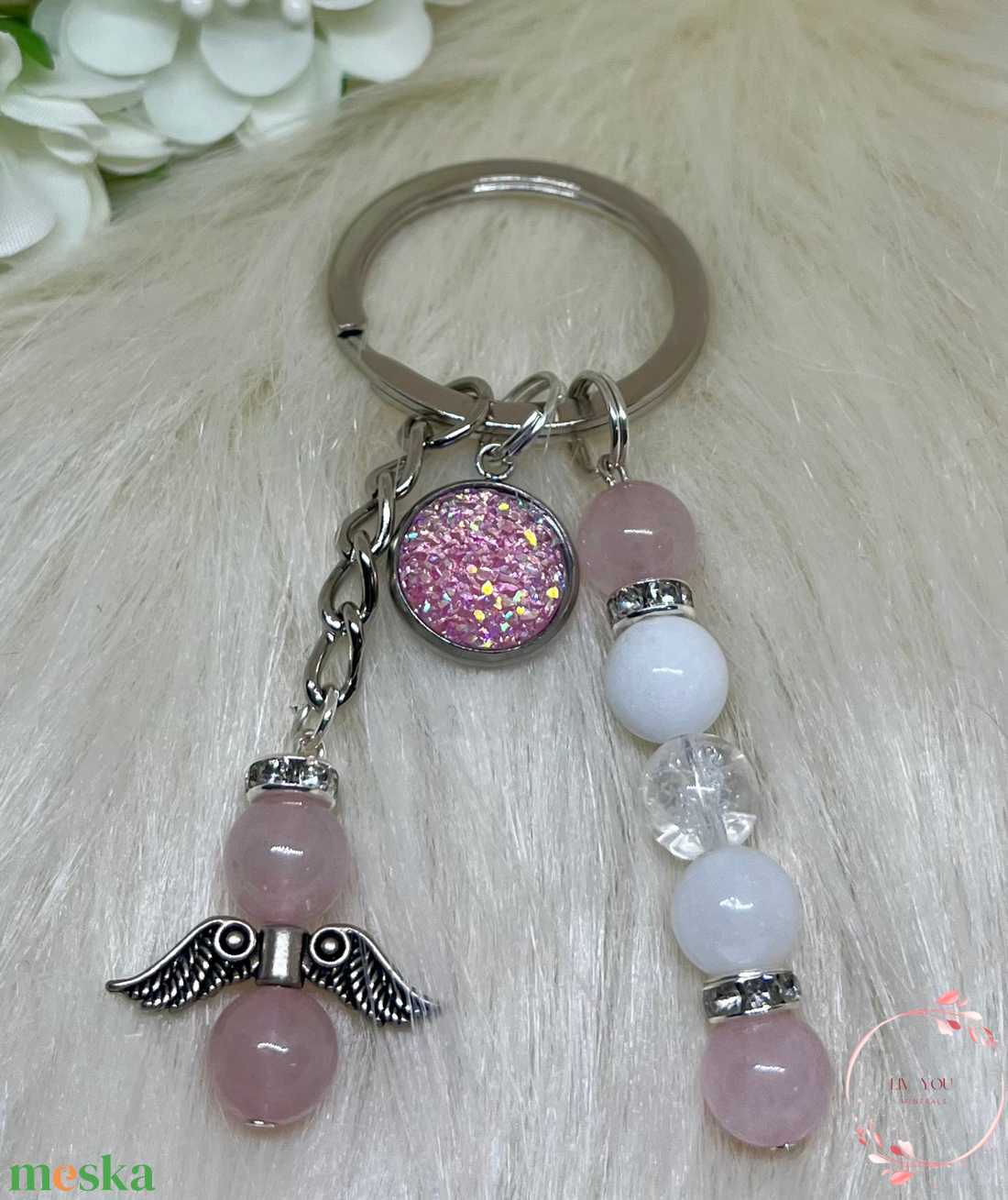 Rózsakvarc-Jade-Hegyikristály ásványkulcstartó  - táska & tok - kulcstartó & táskadísz - kulcstartó - Meska.hu