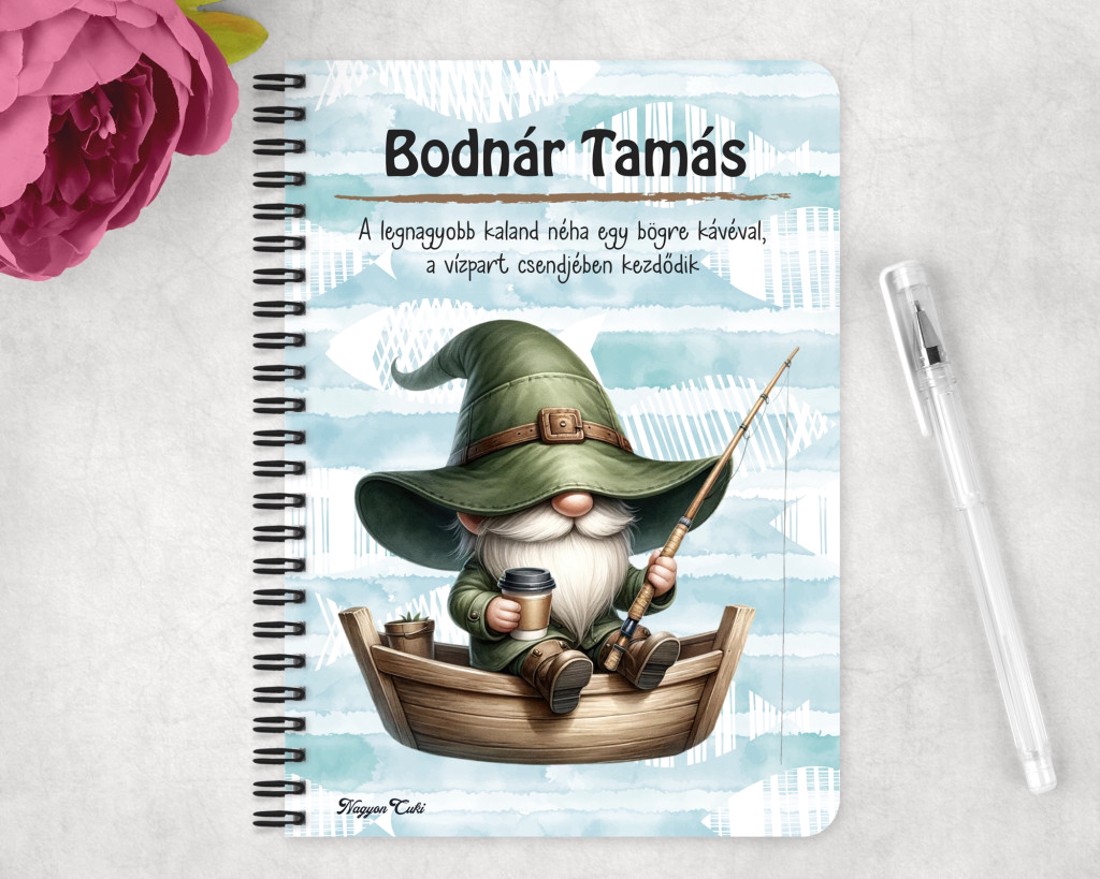Személyre szabható - Csónakos horgász manó és kávé mintás A6-os füzet - otthon & életmód - papír, írószer - jegyzetfüzet & napló - Meska.hu