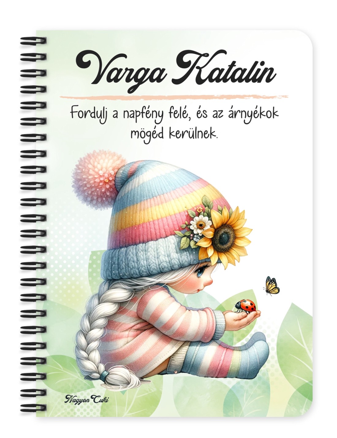 Személyre szabható - Katicás napraforgós manó lány mintás A5-ös füzet - otthon & életmód - papír, írószer - jegyzetfüzet & napló - Meska.hu