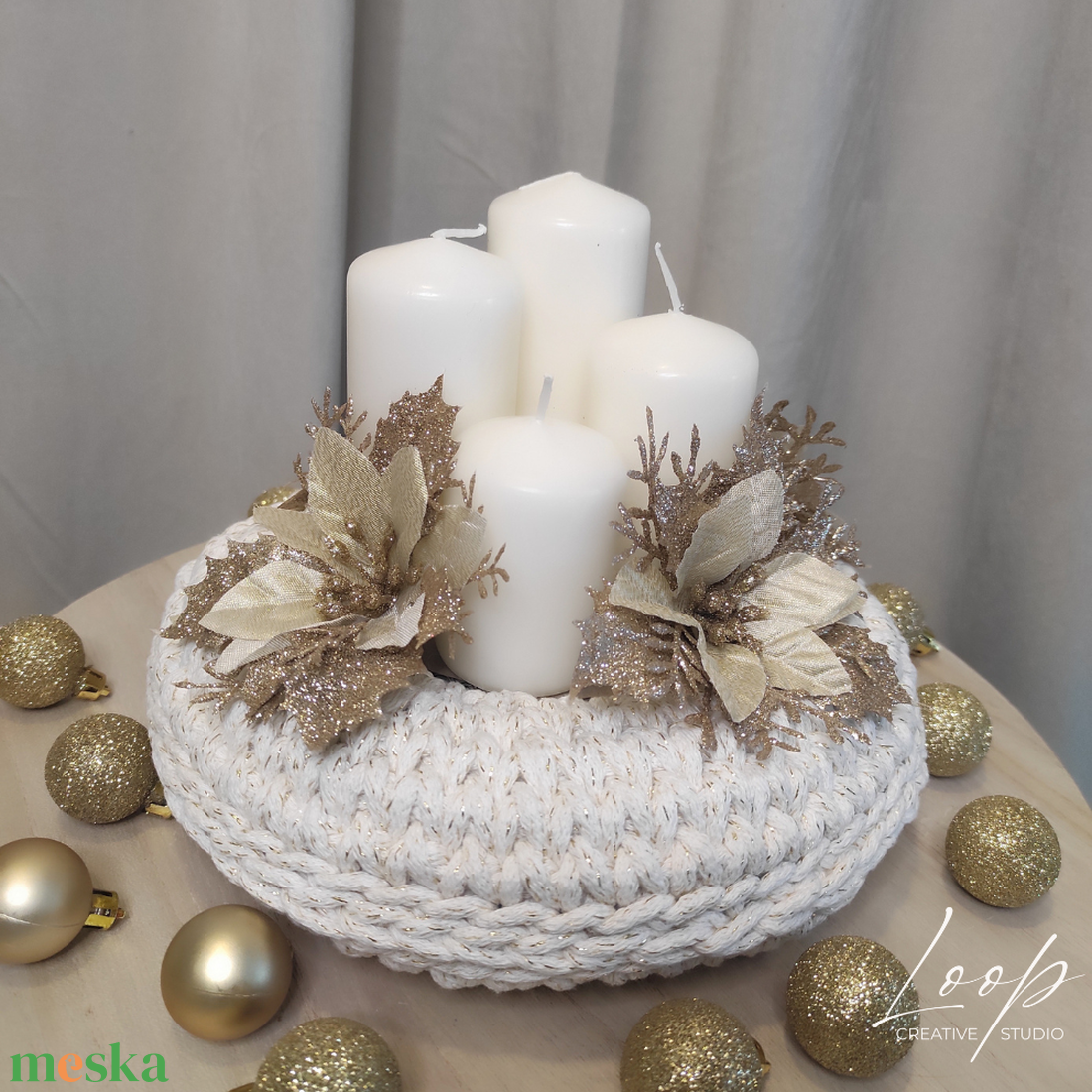 Kézzel horgolt adventi koszorú - csillogó fehér alap - karácsony - adventi díszek - adventi koszorú - Meska.hu