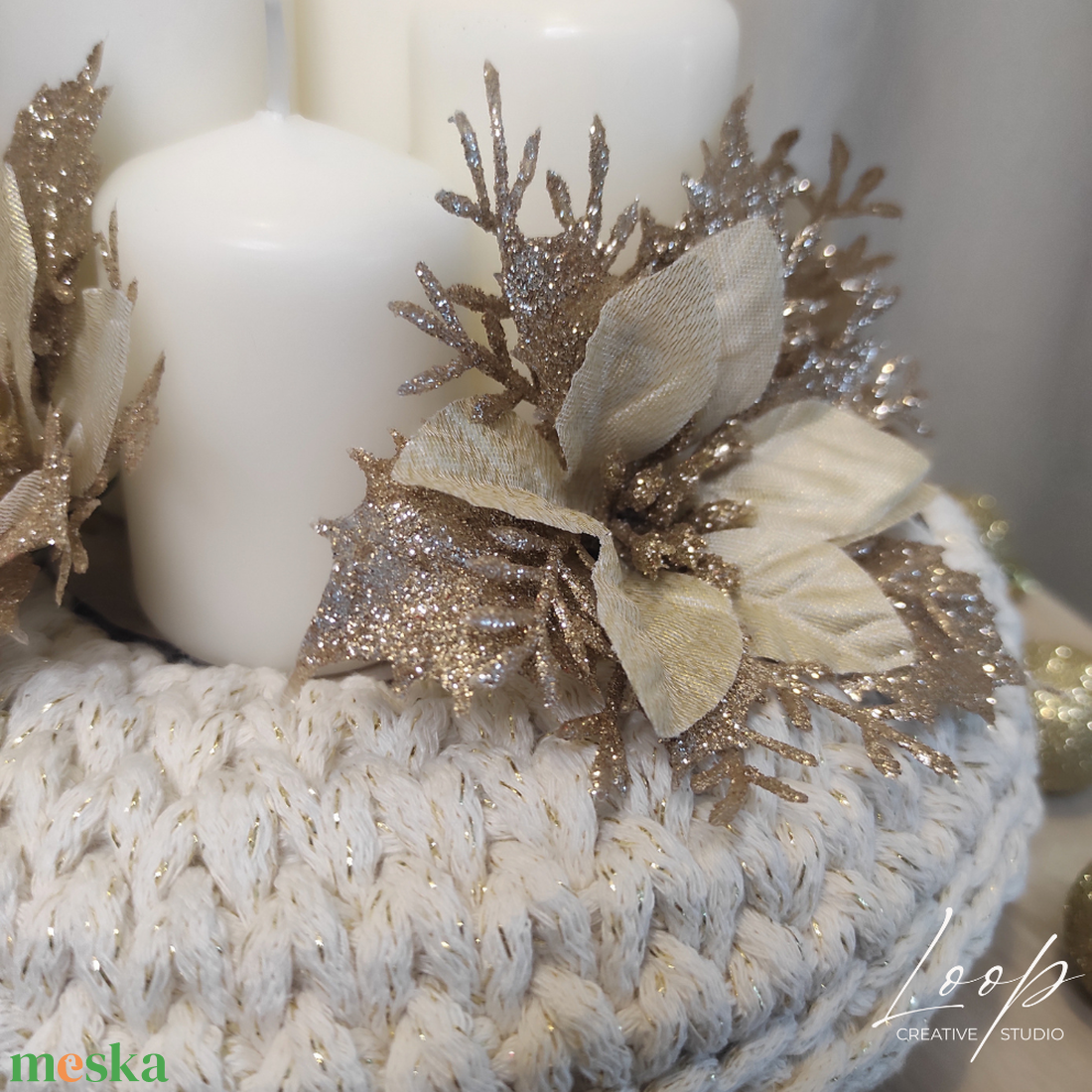 Kézzel horgolt adventi koszorú - csillogó fehér alap - karácsony - adventi díszek - adventi koszorú - Meska.hu