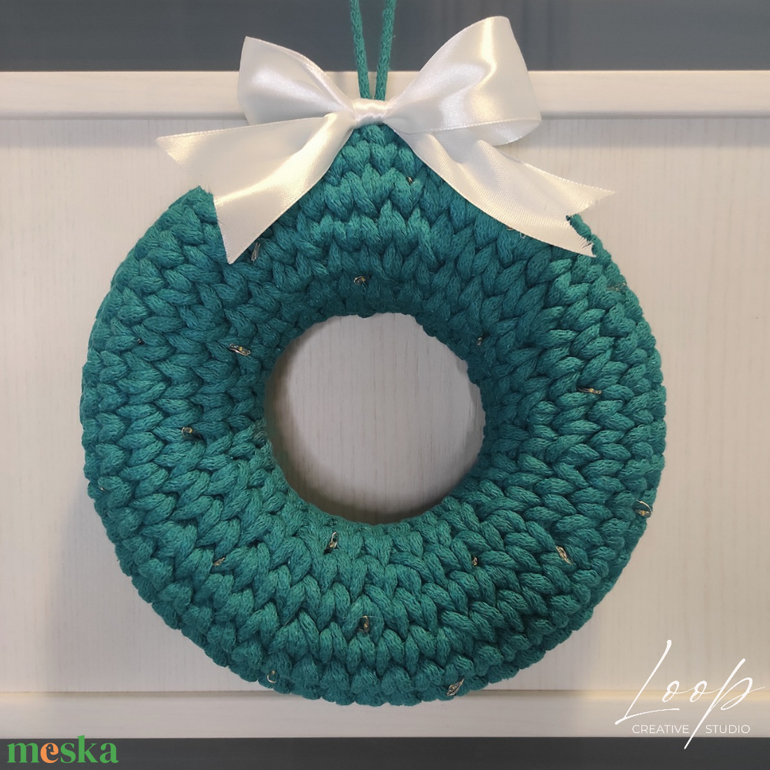 Horgolt, egyedi design karácsonyi ajtódísz - smaragd színben - karácsony - adventi díszek - adventi ajtódísz - Meska.hu