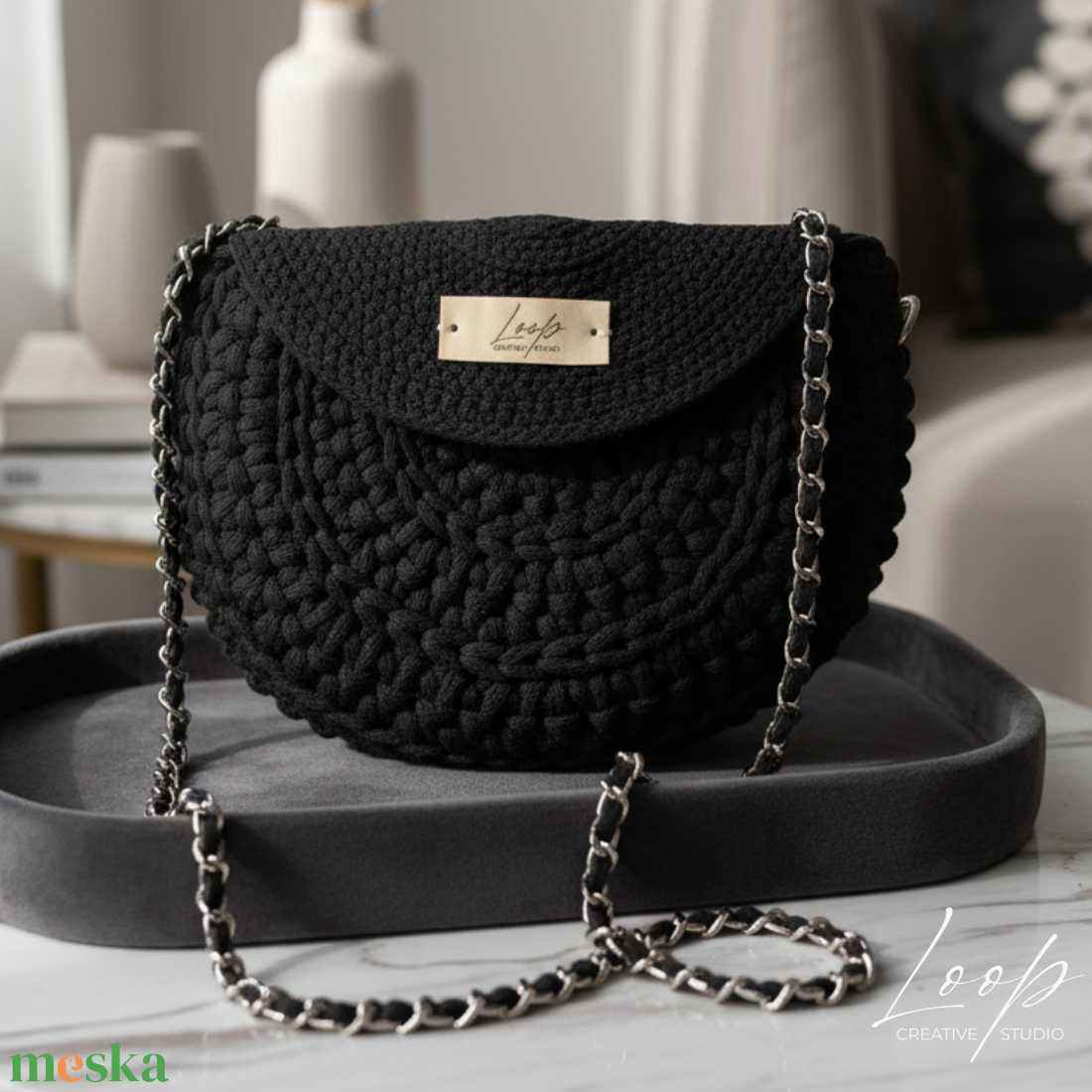 Noir � kézzel horgolt, bélelt fekete pamut táska - táska & tok - kézitáska & válltáska - vállon átvethető táska - Meska.hu
