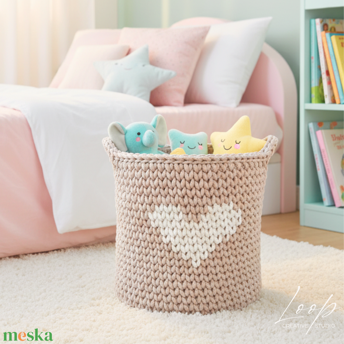 XL horgolt tároló kosár babaszobába � természetes pamut - Loop Baby - baba - mama - babaszobabútor - játéktároló - Meska.hu