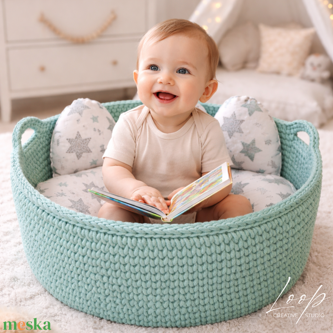 Baby Lounge horgolt pihenőkuckó � babaszoba dekor és baba pihenőhely - Loop Baby - baba - mama - baba ágynemű - babafészek - Meska.hu