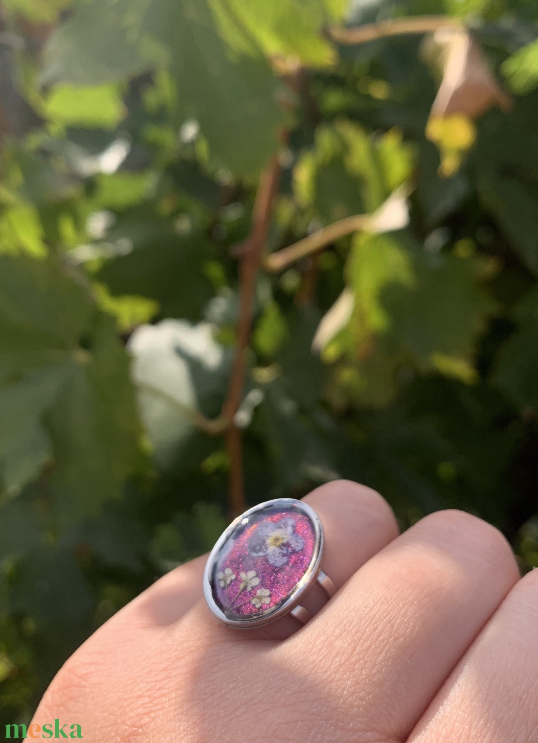 Lila szárított virágos nyaklánc-gyűrű ékszerszett - ékszer - ékszerszett - Meska.hu