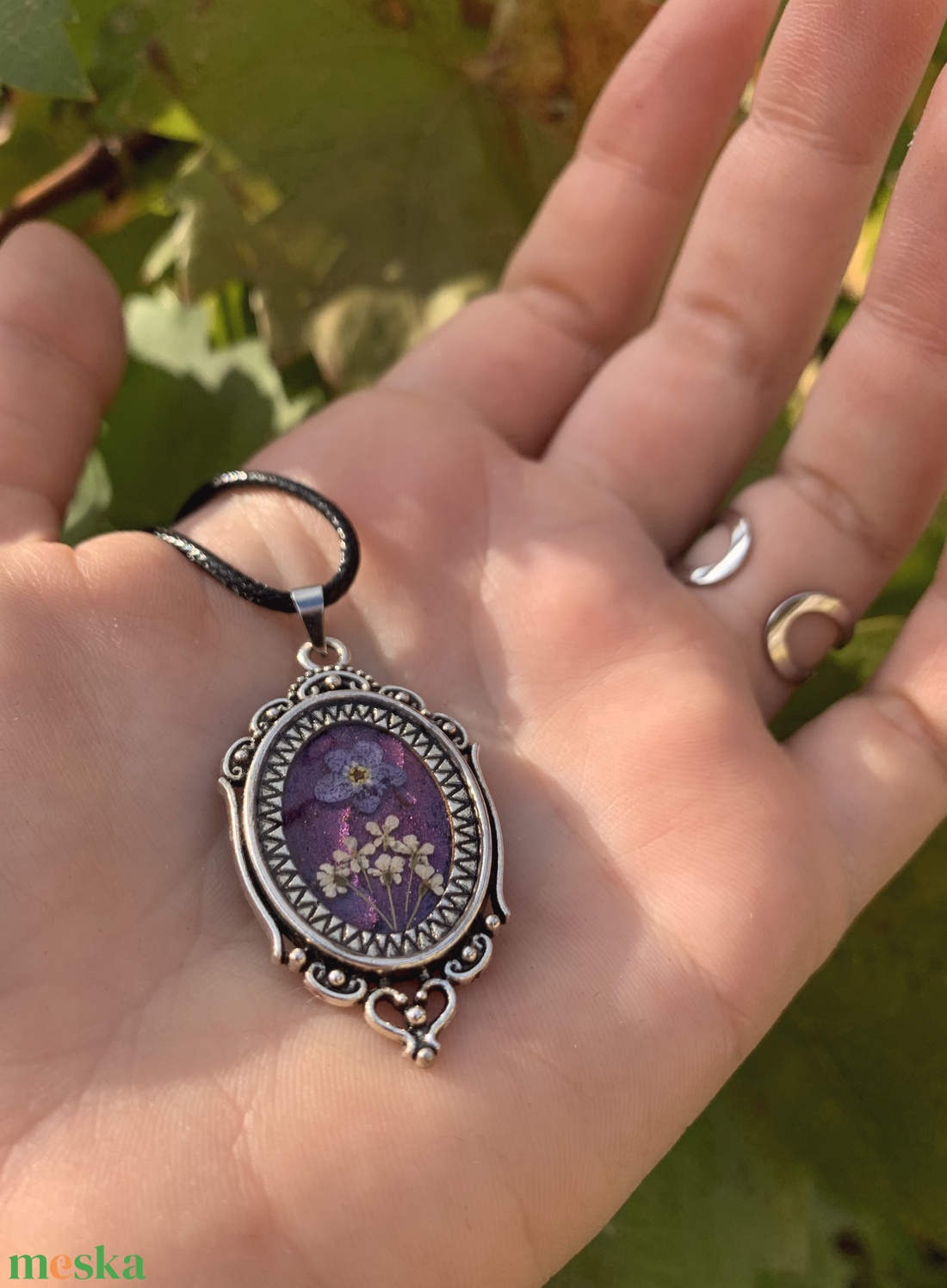 Lila szárított virágos nyaklánc-gyűrű ékszerszett - ékszer - ékszerszett - Meska.hu