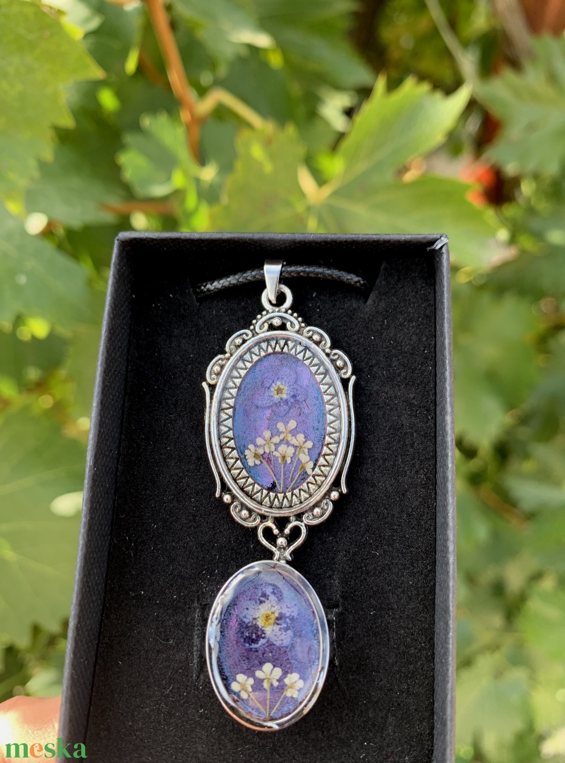 Lila szárított virágos nyaklánc-gyűrű ékszerszett - ékszer - ékszerszett - Meska.hu