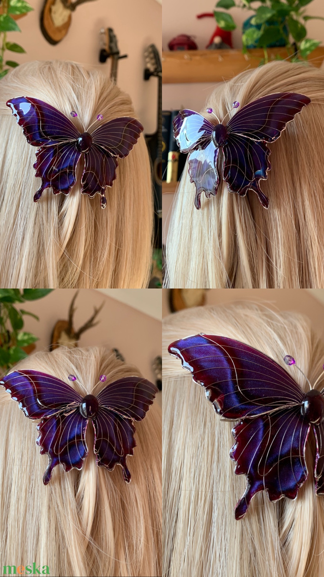 Lila-burbundy csillámos pillangós epoxy hajcsat - ruha & divat - hajdísz & hajcsat - hajdísz - Meska.hu